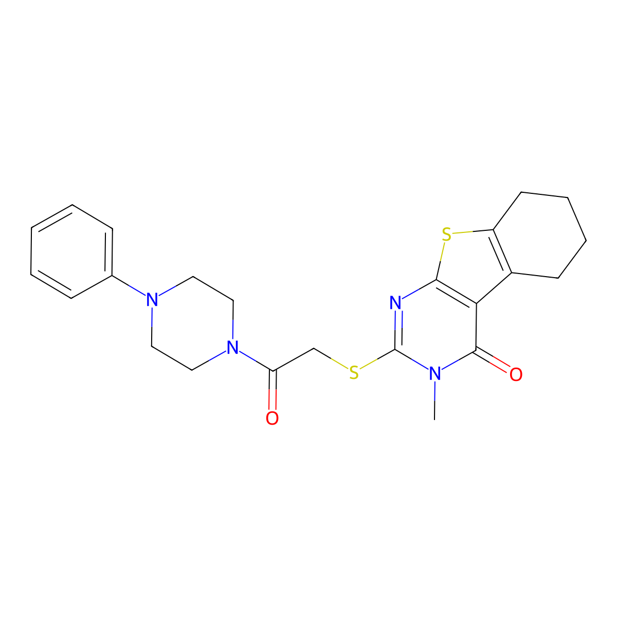 3-Methyl-2-[2-oxo-2-(4-phenylpiperazin-1-yl)ethyl]sulfanyl-5,6,7,8-tetrahydro-[1]benzothiolo[2,3-d]pyrimidin-4-one molecular structure, CAS 488810-75-9