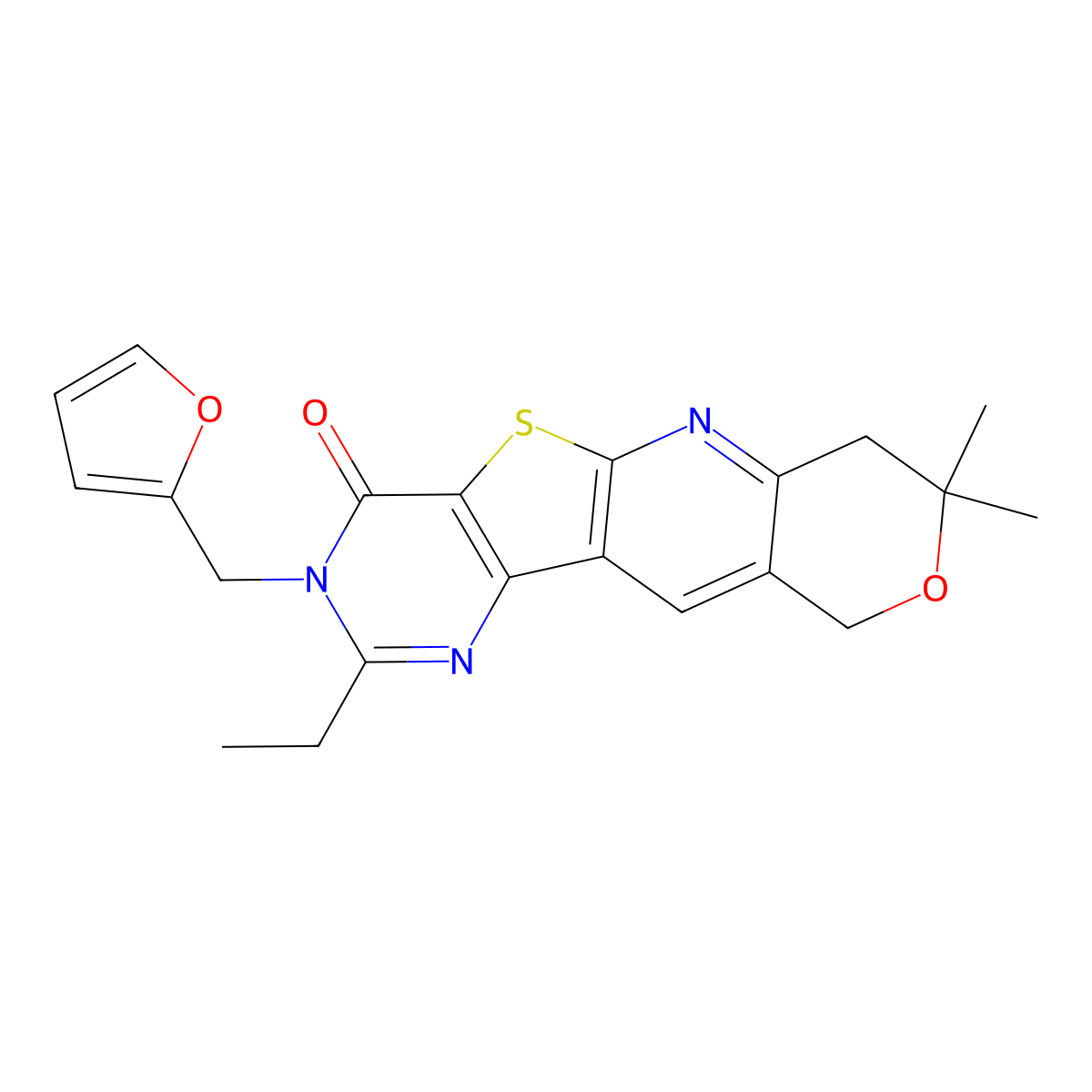 2-ethyl-3-(2-furylmethyl)-8,8-dimethyl-7,10-dihydro-8H-pyrano[3'',4'':5',6']pyrido[3',2':4,5]thieno[3,2-d]pyrimidin-4(3H)-one molecular structure, CAS 488811-77-4