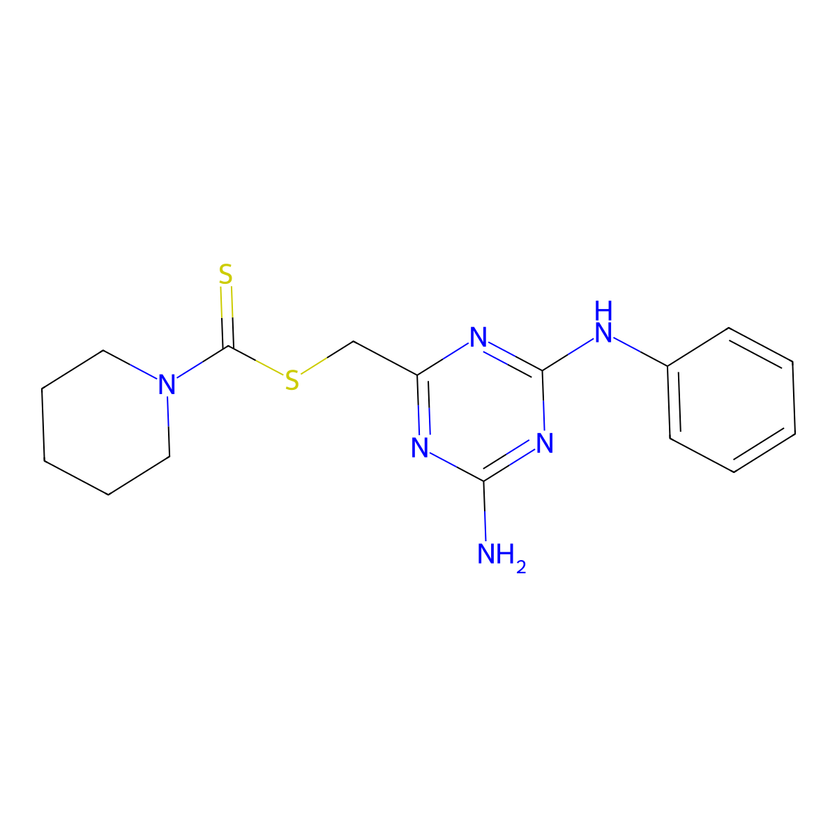 (4-Amino-6-anilino-1,3,5-triazin-2-yl)methyl piperidine-1-carbodithioate molecular structure, CAS 488812-41-5