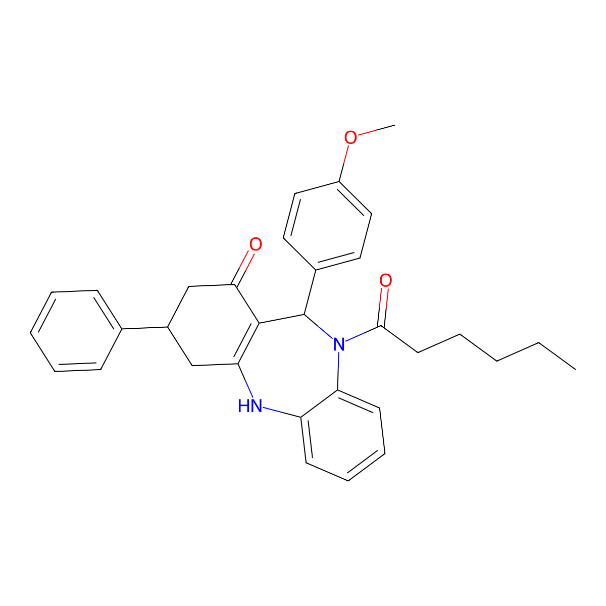 10-hexanoyl-11-(4-methoxyphenyl)-3-phenyl-2,3,4,5,10,11-hexahydro-1H-dibenzo[b,e][1,4]diazepin-1-one molecular structure, CAS 488812-43-7
