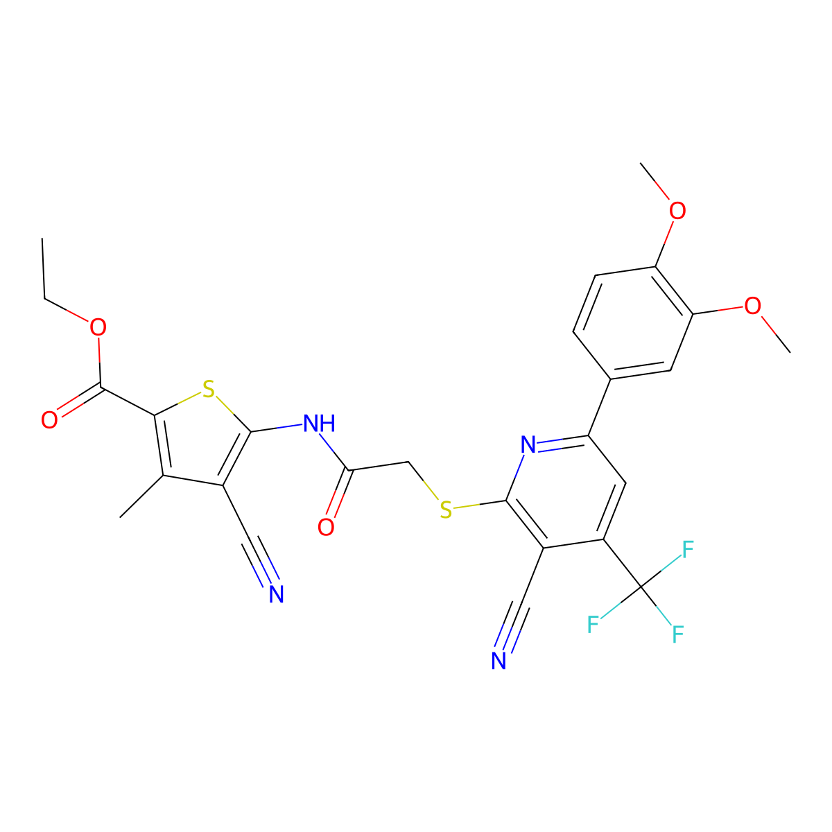Ethyl 4-cyano-5-[[2-[3-cyano-6-(3,4-dimethoxyphenyl)-4-(trifluoromethyl)pyridin-2-yl]sulfanylacetyl]amino]-3-methylthiophene-2-carboxylate molecular structure, CAS 488812-48-2