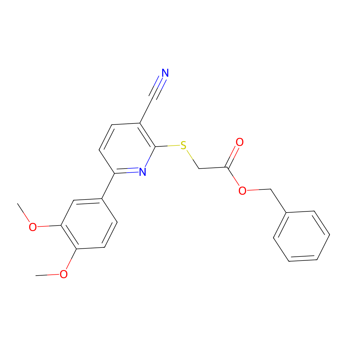 Benzyl 2-[3-cyano-6-(3,4-dimethoxyphenyl)pyridin-2-yl]sulfanylacetate molecular structure, CAS 488813-26-9
