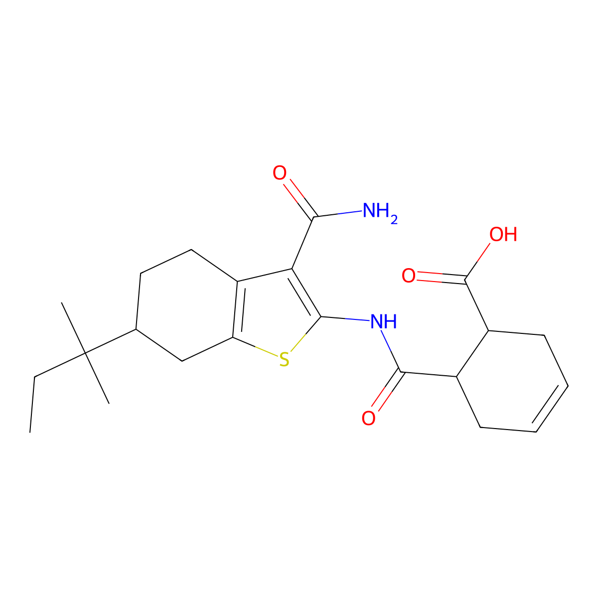 6-[[3-Carbamoyl-6-(2-methylbutan-2-yl)-4,5,6,7-tetrahydro-1-benzothiophen-2-yl]carbamoyl]cyclohex-3-ene-1-carboxylic acid molecular structure, CAS 488821-67-6