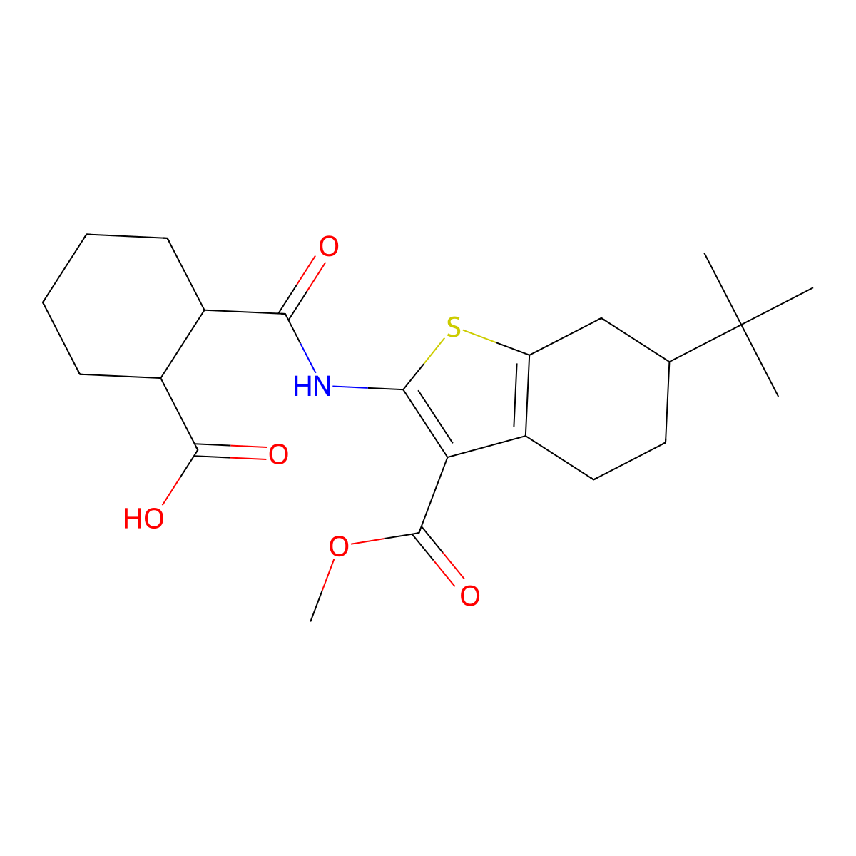 2-({[6-Tert-butyl-3-(methoxycarbonyl)-4,5,6,7-tetrahydro-1-benzothien-2-yl]amino}carbonyl)cyclohexanecarboxylic acid molecular structure, CAS 488821-89-2