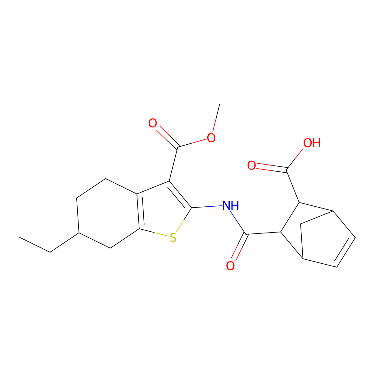 2-[(6-Ethyl-3-methoxycarbonyl-4,5,6,7-tetrahydro-1-benzothiophen-2-yl)carbamoyl]bicyclo[2.2.1]hept-5-ene-3-carboxylic acid molecular structure, CAS 488822-63-5