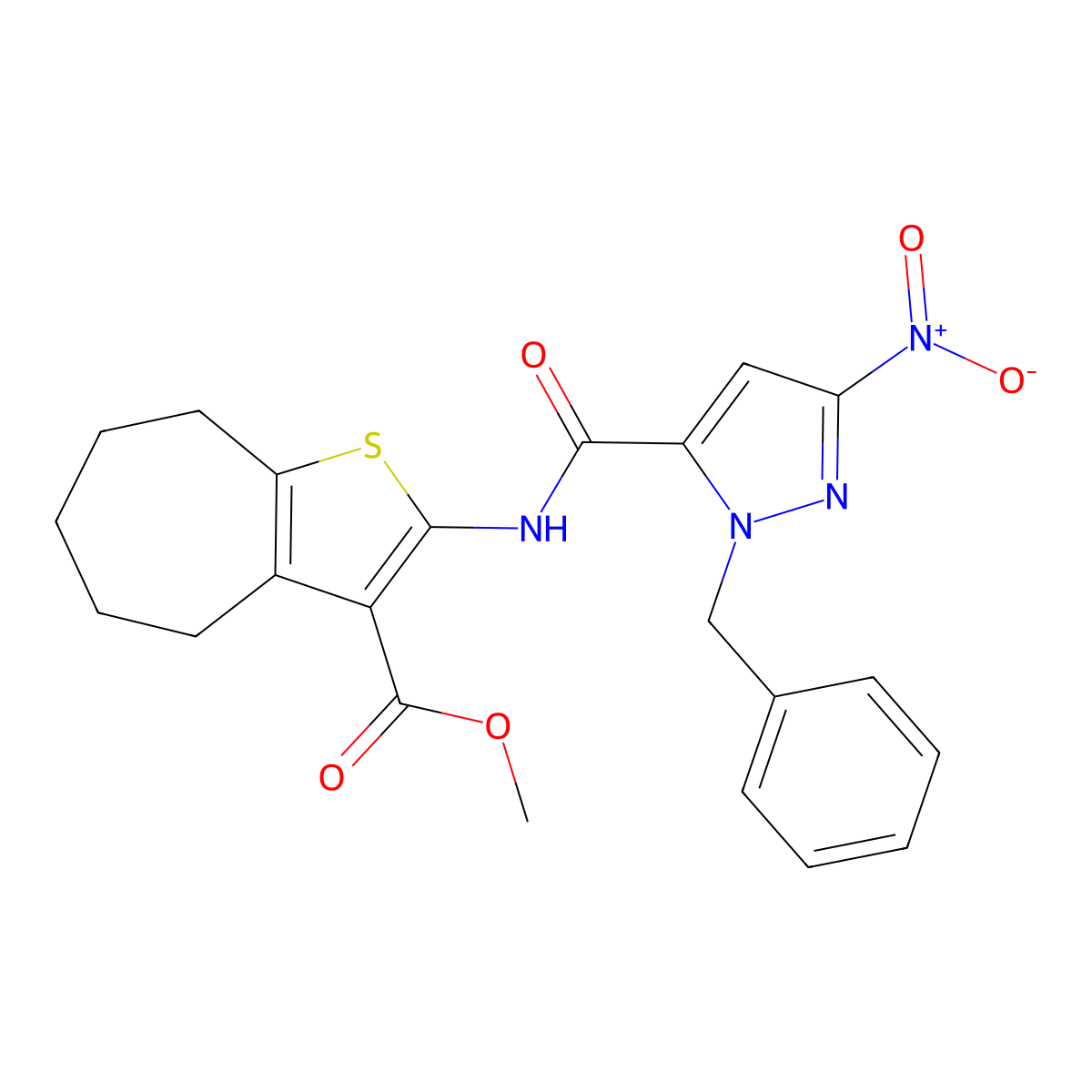 methyl 2-[(2-benzyl-5-nitropyrazole-3-carbonyl)amino]-5,6,7,8-tetrahydro-4H-cyclohepta[b]thiophene-3-carboxylate molecular structure, CAS 488822-66-8