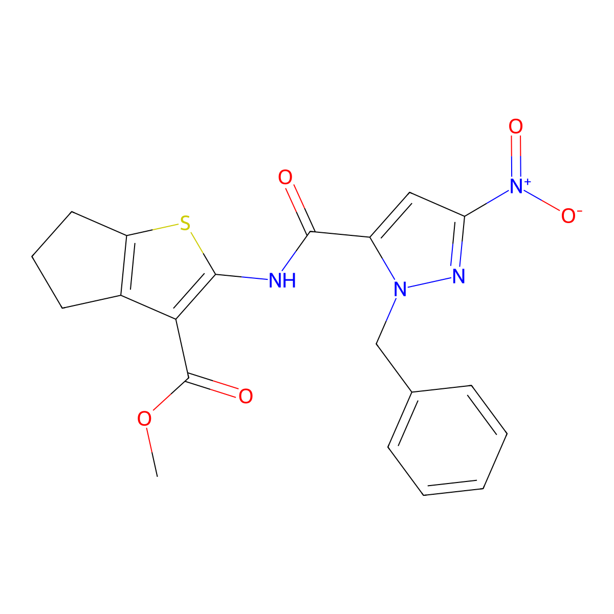 methyl 2-[(2-benzyl-5-nitropyrazole-3-carbonyl)amino]-5,6-dihydro-4H-cyclopenta[b]thiophene-3-carboxylate molecular structure, CAS 488822-69-1