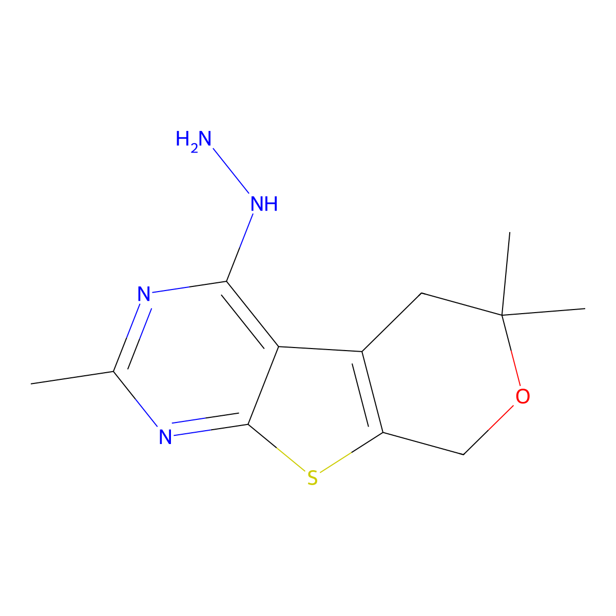 4-hydrazinyl-2,6,6-trimethyl-5,8-dihydro-6H-pyrano[4',3':4,5]thieno[2,3-d]pyrimidine molecular structure, CAS 488824-02-8