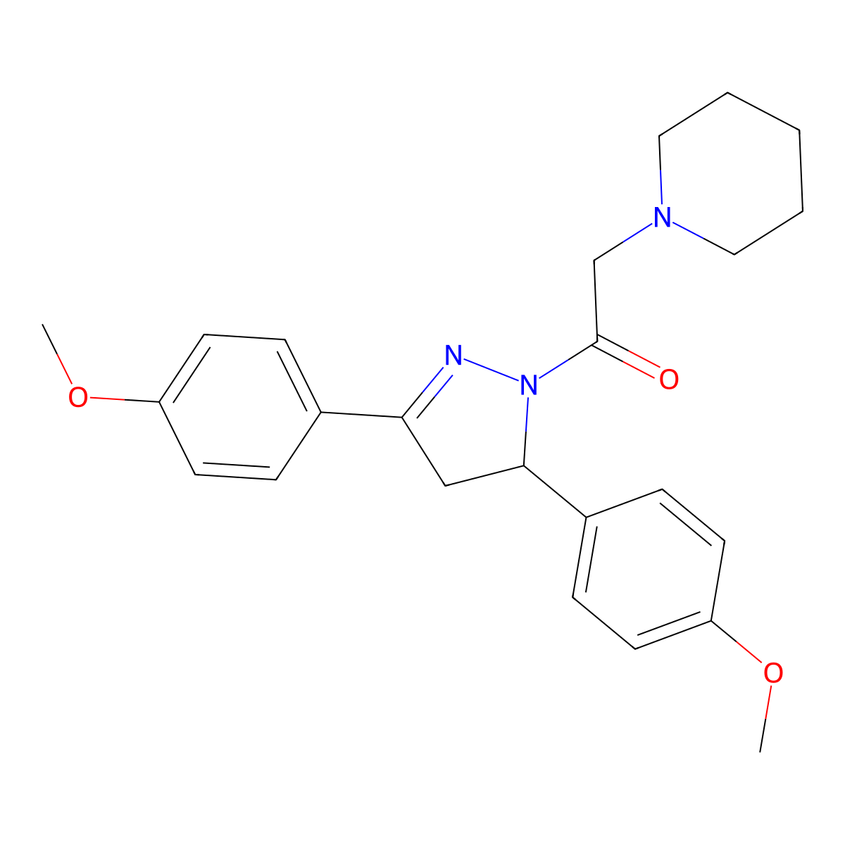1-(3,5-bis(4-methoxyphenyl)-4,5-dihydro-1H-pyrazol-1-yl)-2-(piperidin-1-yl)ethanone molecular structure, CAS 488824-42-6