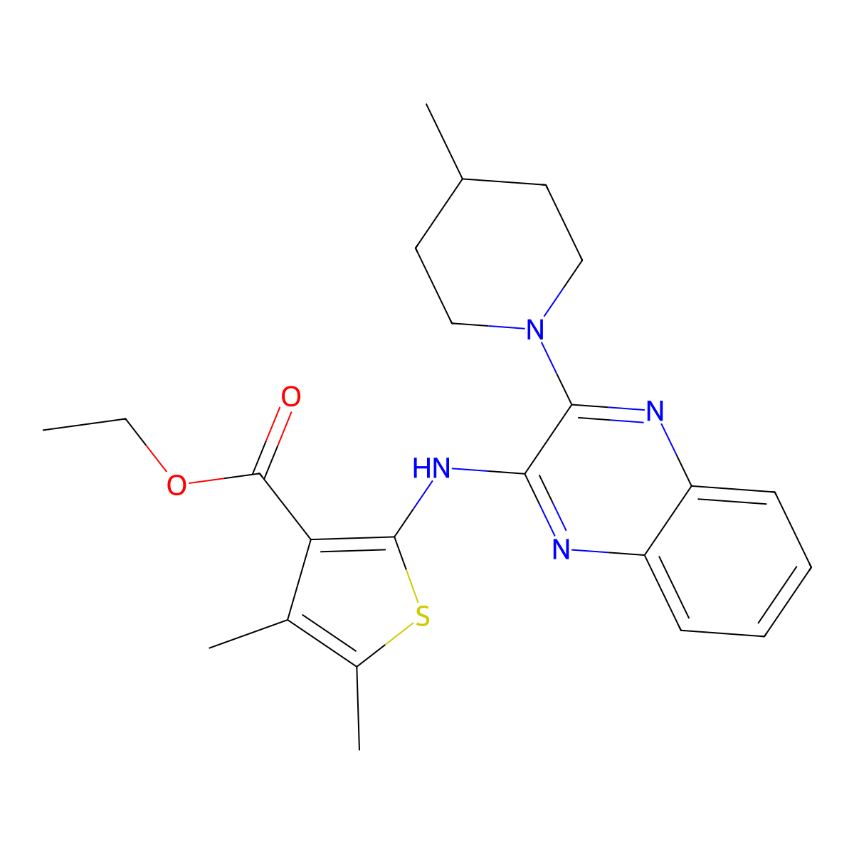 Ethyl 4,5-dimethyl-2-{[3-(4-methylpiperidin-1-yl)quinoxalin-2-yl]amino}thiophene-3-carboxylate molecular structure, CAS 488825-03-2