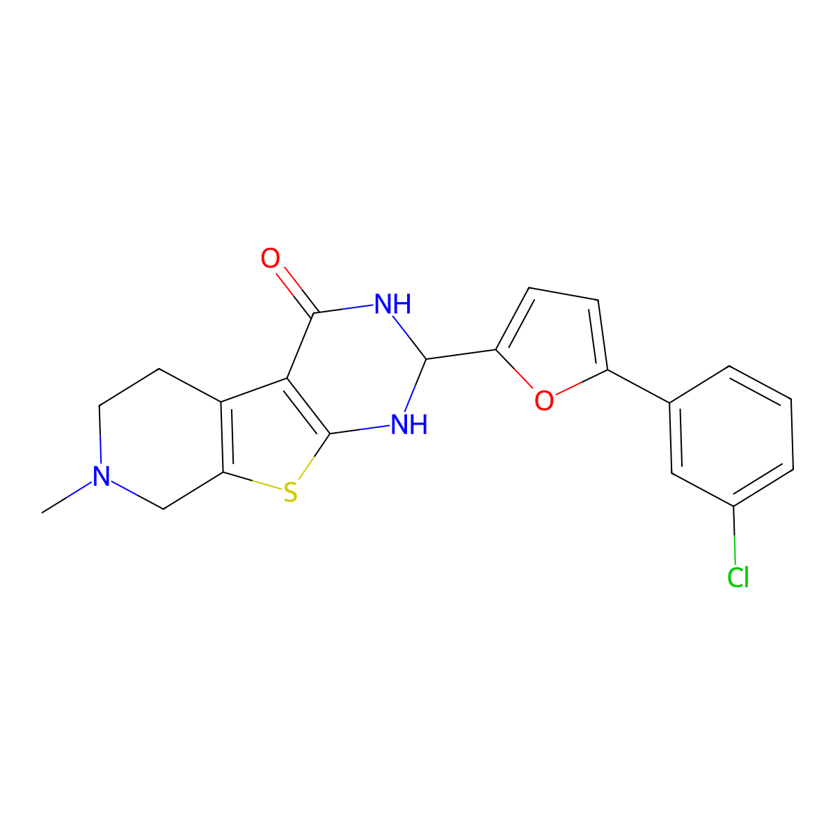 2-[5-(3-chlorophenyl)-2-furyl]-7-methyl-2,3,5,6,7,8-hexahydropyrido[4',3':4,5]thieno[2,3-d]pyrimidin-4(1H)-one molecular structure, CAS 488825-25-8