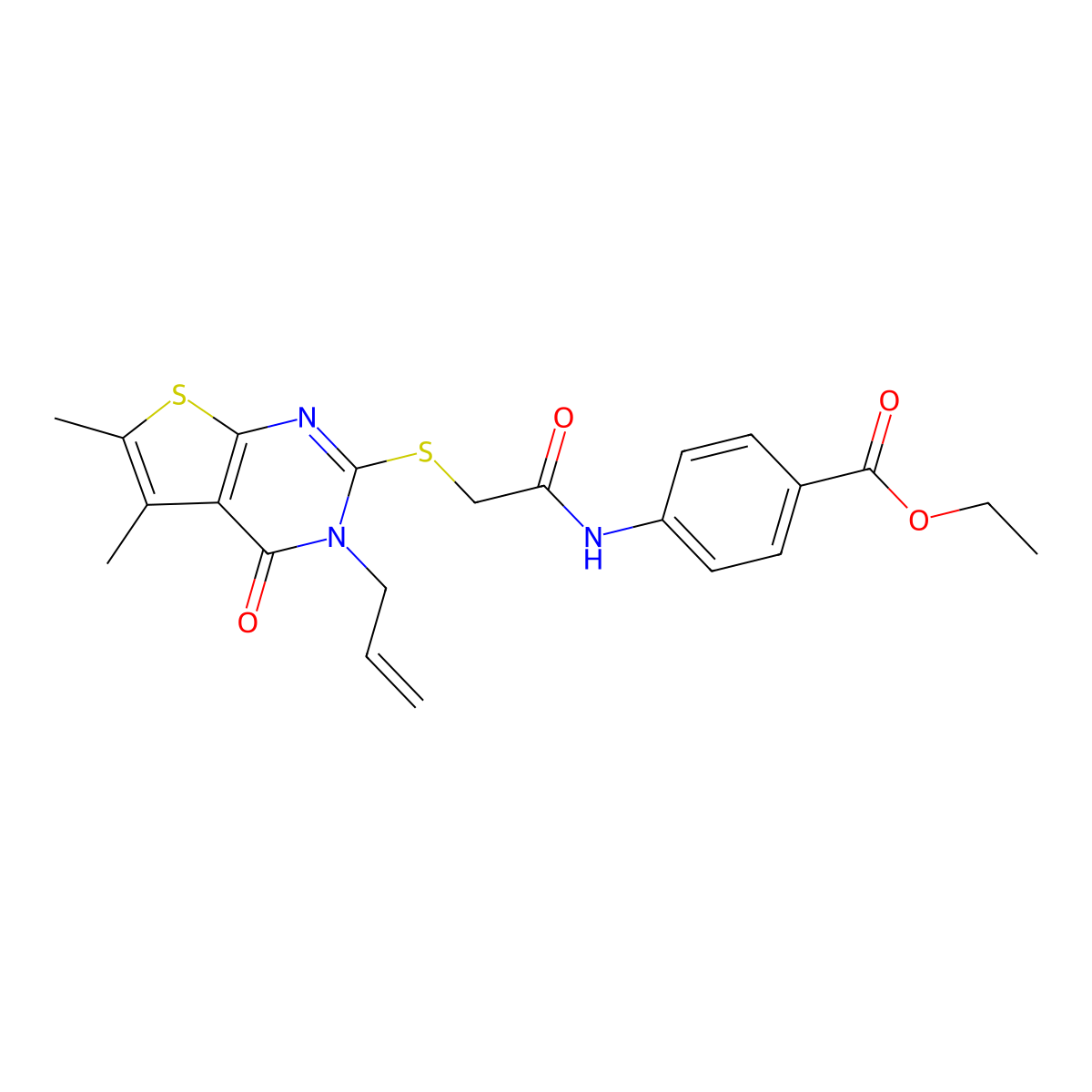 Ethyl 4-[({[5,6-dimethyl-4-oxo-3-(prop-2-en-1-yl)-3,4-dihydrothieno[2,3-d]pyrimidin-2-yl]sulfanyl}acetyl)amino]benzoate molecular structure, CAS 488825-61-2