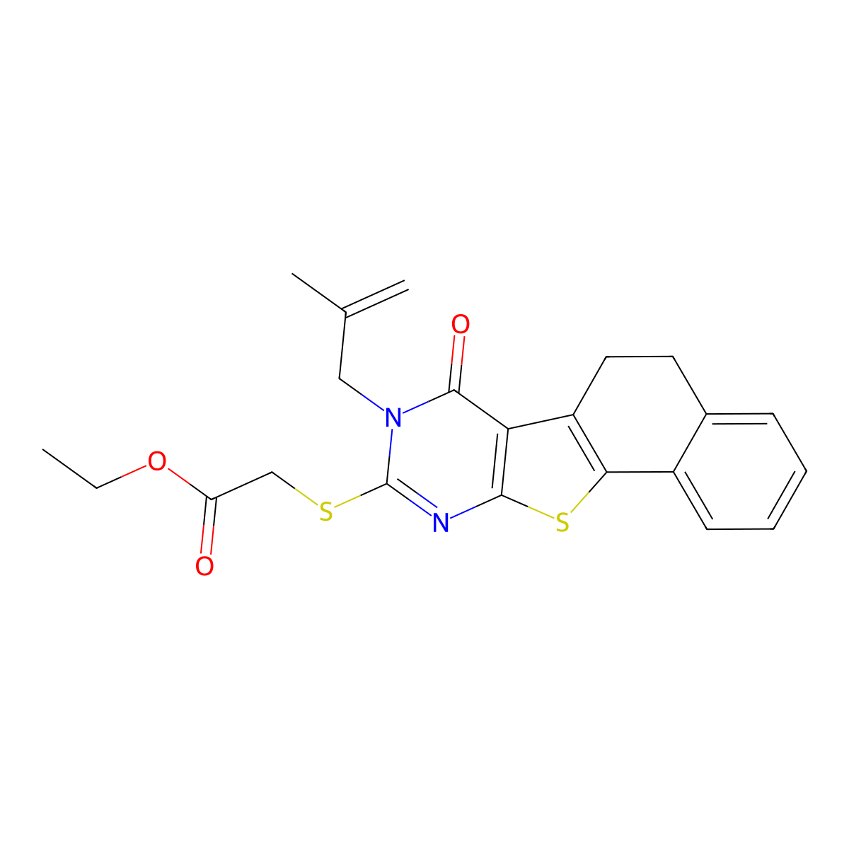 Ethyl 2-((8-(2-methylallyl)-7-oxo-5,6,7,8-tetrahydronaphtho[2',1':4,5]thieno[2,3-d]pyrimidin-9-yl)thio)acetate molecular structure, CAS 488826-00-2