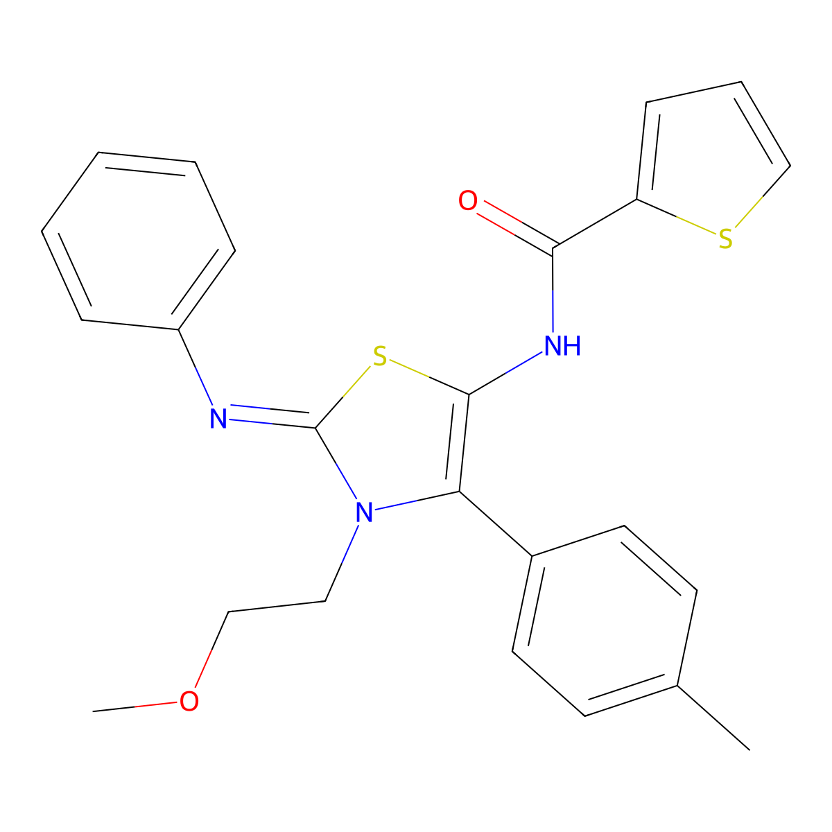 N-[(2E)-3-(2-methoxyethyl)-4-(4-methylphenyl)-2-(phenylimino)-2,3-dihydro-1,3-thiazol-5-yl]thiophene-2-carboxamide molecular structure, CAS 488826-09-1