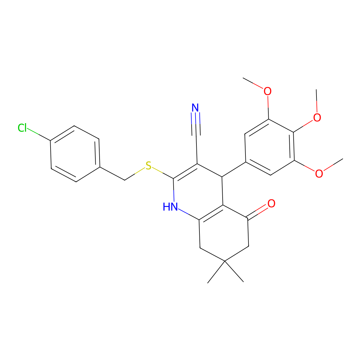 2-[(4-Chlorophenyl)methylsulfanyl]-7,7-dimethyl-5-oxo-4-(3,4,5-trimethoxyphenyl)-1,4,6,8-tetrahydroquinoline-3-carbonitrile molecular structure, CAS 488826-41-1