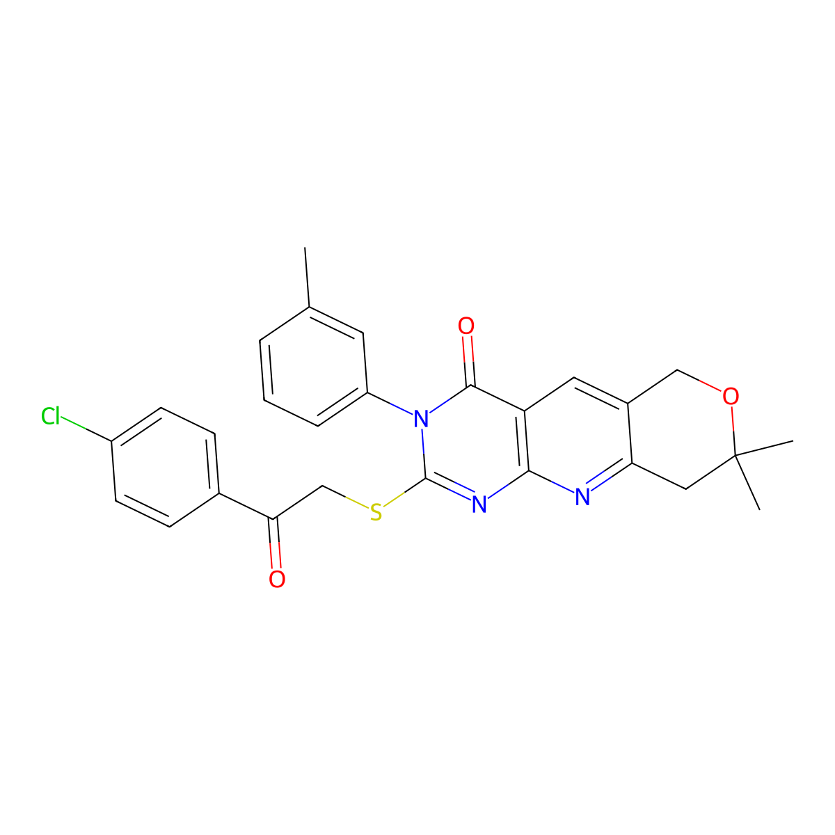 2-[2-(4-Chlorophenyl)-2-oxoethyl]sulfanyl-8,8-dimethyl-3-(3-methylphenyl)-6,9-dihydropyrano[3,4]pyrido[3,5-b]pyrimidin-4-one molecular structure, CAS 488826-78-4
