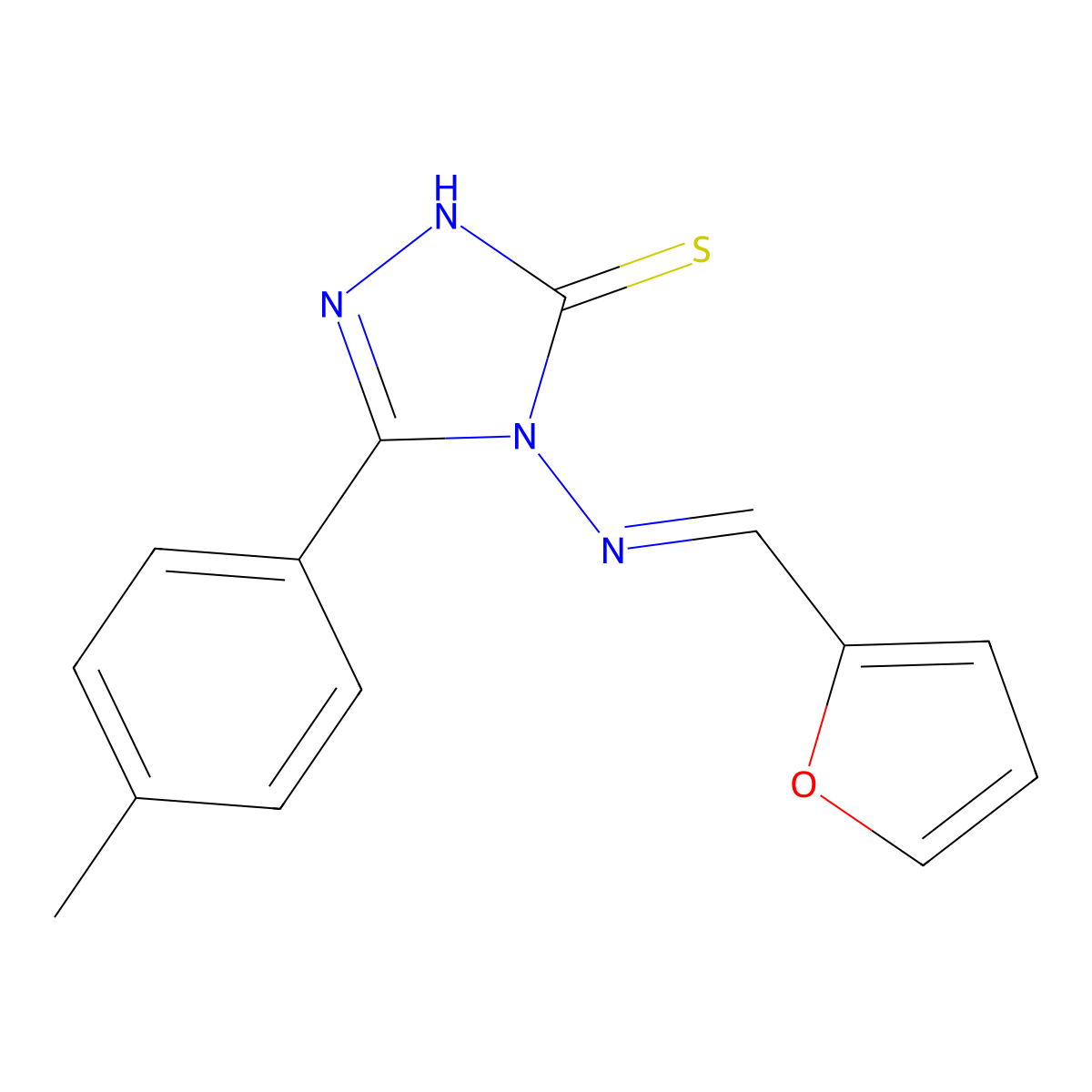 4-((1Z)-2-(2-furyl)-1-azavinyl)-5-(4-methylphenyl)-1,2,4-triazole-3-thiol molecular structure, CAS 488826-98-8