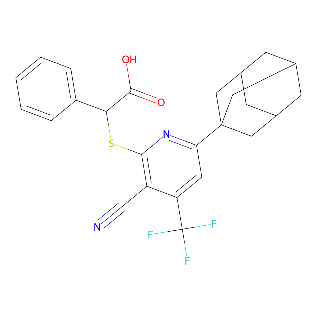 2-{[6-(1-Adamantyl)-3-cyano-4-(trifluoromethyl)-2-pyridinyl]sulfanyl}-2-phenylacetic acid molecular structure, CAS 488827-01-6