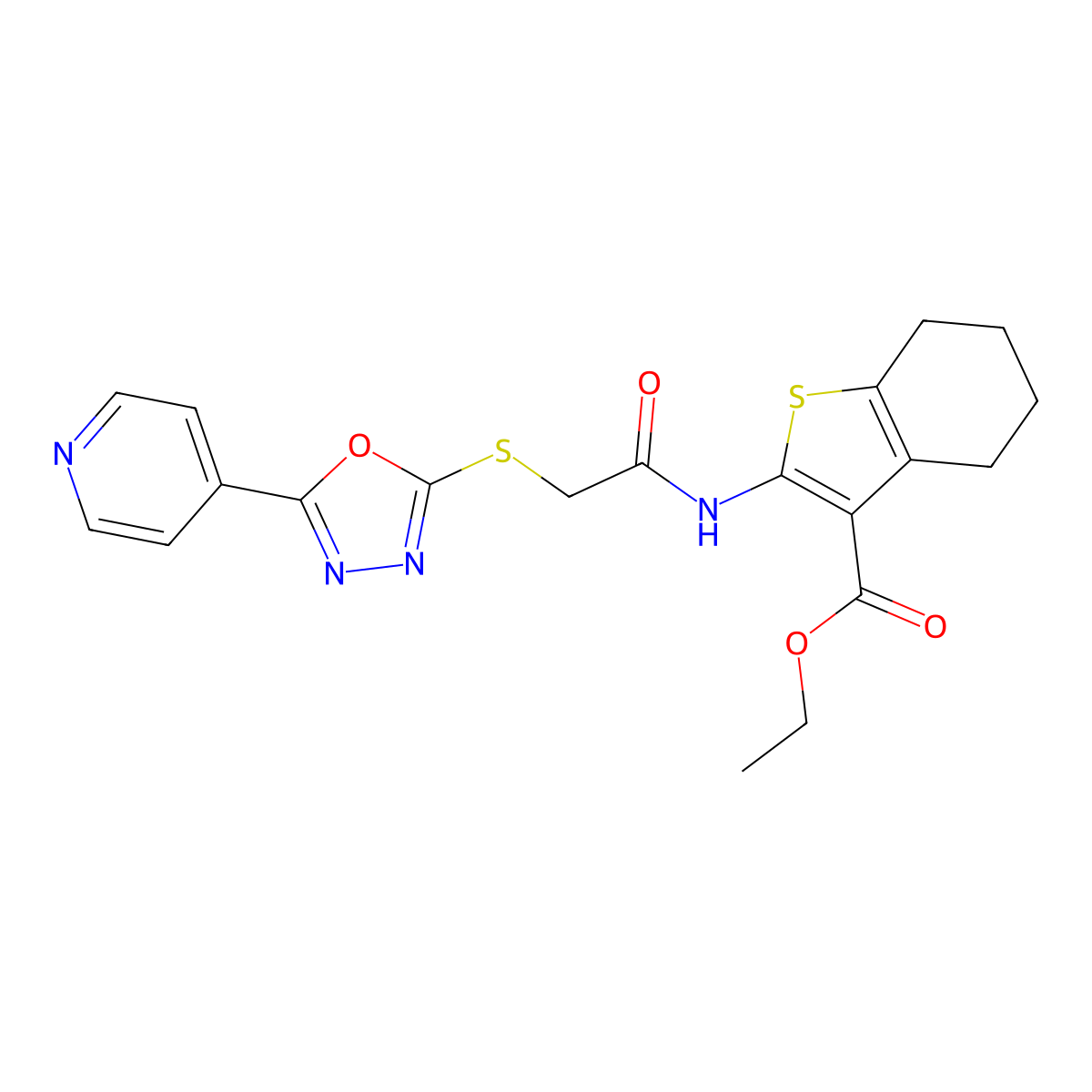 Ethyl 2-(2-((5-(pyridin-4-yl)-1,3,4-oxadiazol-2-yl)thio)acetamido)-4,5,6,7-tetrahydrobenzo[b]thiophene-3-carboxylate molecular structure, CAS 488827-04-9