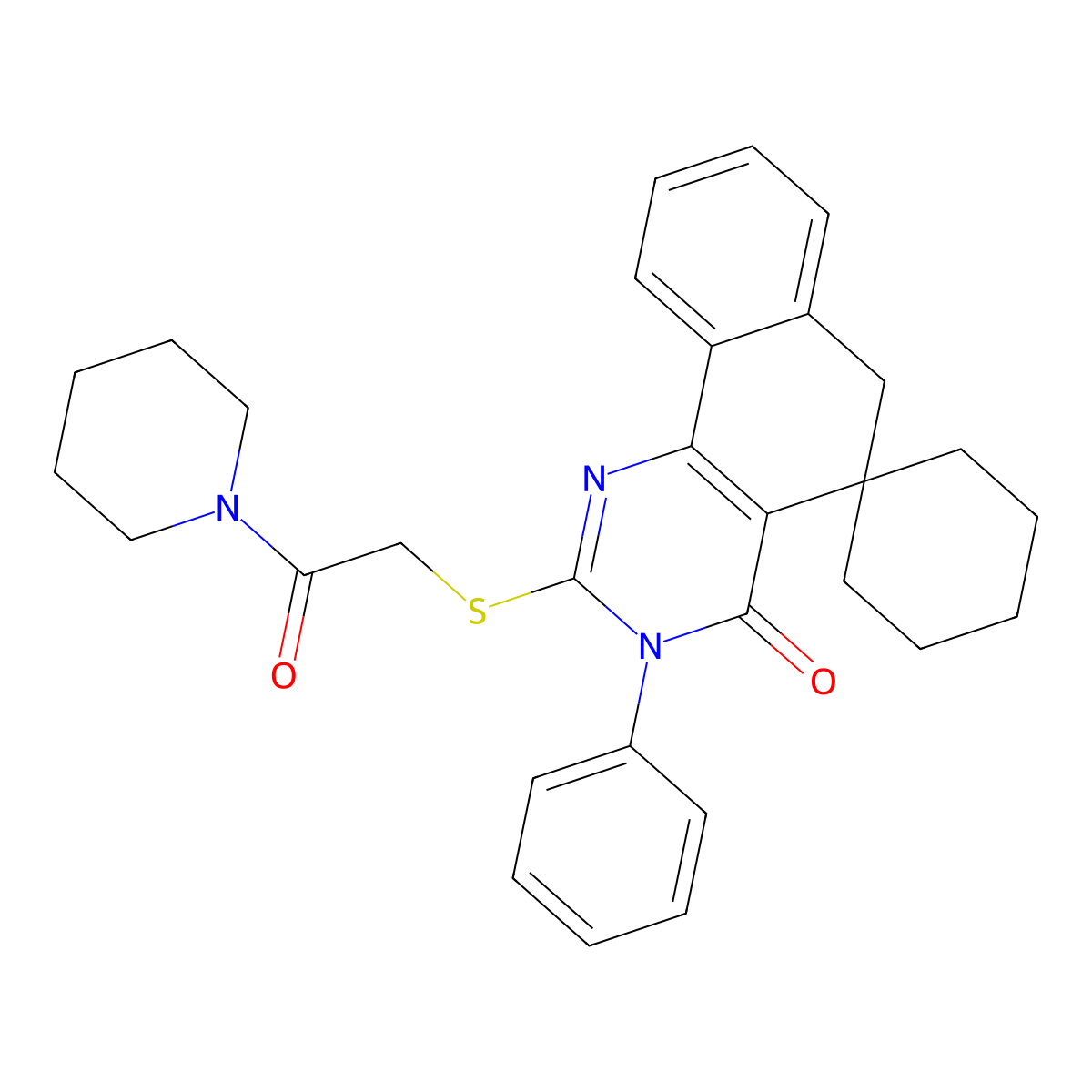 2-(2-oxo-2-piperidin-1-ylethyl)sulfanyl-3-phenylspiro[6H-benzo[h]quinazoline-5,1'-cyclohexane]-4-one molecular structure, CAS 488827-37-8