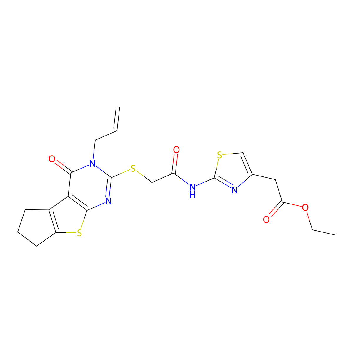 Ethyl 2-{2-[2-(4-oxo-3-prop-2-enyl-3,5,6,7-tetrahydrocyclopenta[2,1-d]pyrimidi no[4,5-b]thiophen-2-ylthio)acetylamino]-1,3-thiazol-4-yl}acetate molecular structure, CAS 488827-51-6
