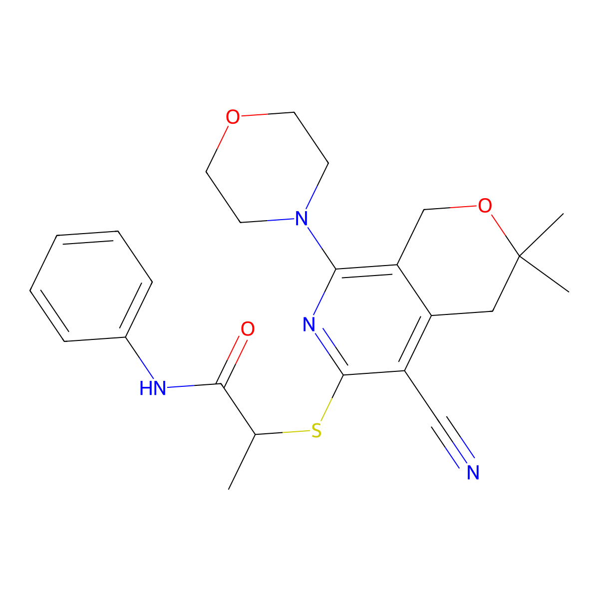 2-[(5-cyano-3,3-dimethyl-8-morpholin-4-yl-1,4-dihydropyrano[3,4-c]pyridin-6-yl)sulfanyl]-N-phenylpropanamide molecular structure, CAS 488839-87-8