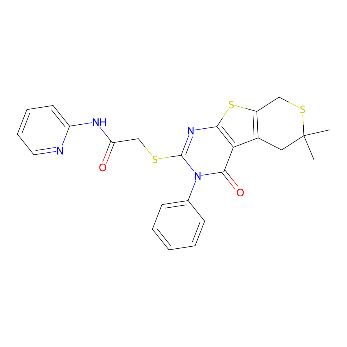 2-[(6,6-dimethyl-4-oxo-3-phenyl-5,8-dihydrothiopyrano[2,3]thieno[2,4-b]pyrimidin-2-yl)sulfanyl]-N-pyridin-2-ylacetamide molecular structure, CAS 488840-52-4