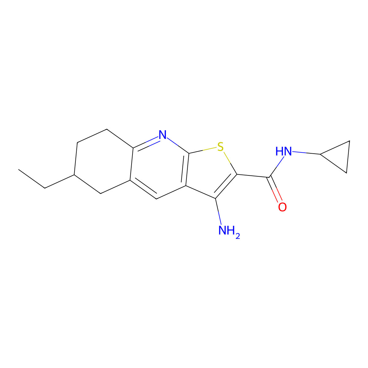 3-amino-N-cyclopropyl-6-ethyl-5,6,7,8-tetrahydrothieno[2,3-b]quinoline-2-carboxamide molecular structure, CAS 488841-11-8