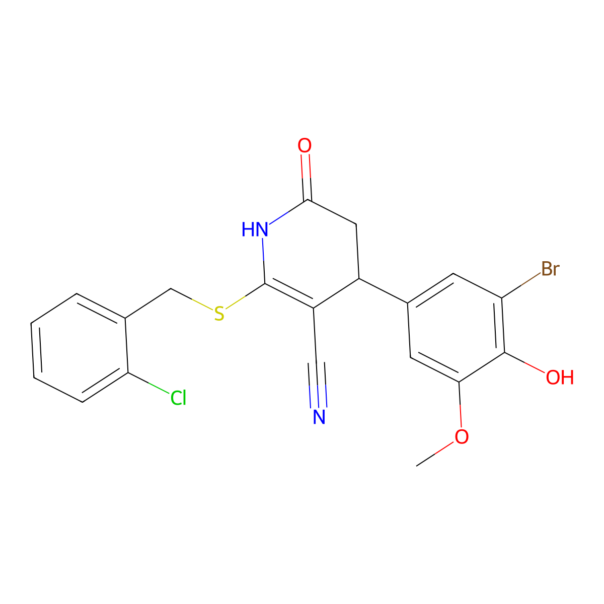 4-(3-bromo-4-hydroxy-5-methoxyphenyl)-6-[(2-chlorophenyl)methylsulfanyl]-2-oxo-3,4-dihydro-1H-pyridine-5-carbonitrile molecular structure, CAS 488841-58-3