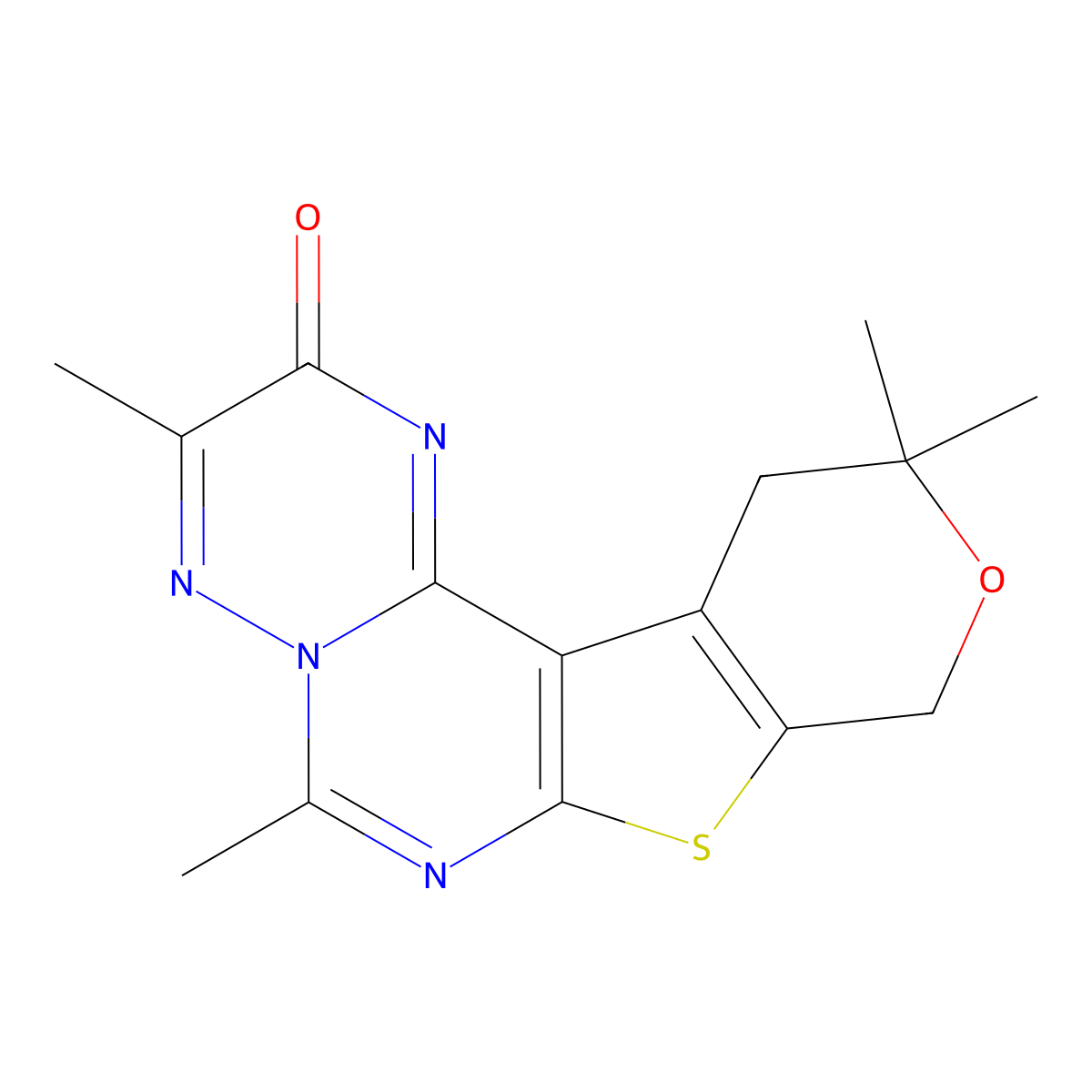 3,6,11,11-tetramethyl-11,12-dihydro-2H,9H-pyrano[4'',3'':4',5']thieno[2',3':4,5]pyrimido[1,6-b][1,2,4]triazin-2-one molecular structure, CAS 488841-83-4