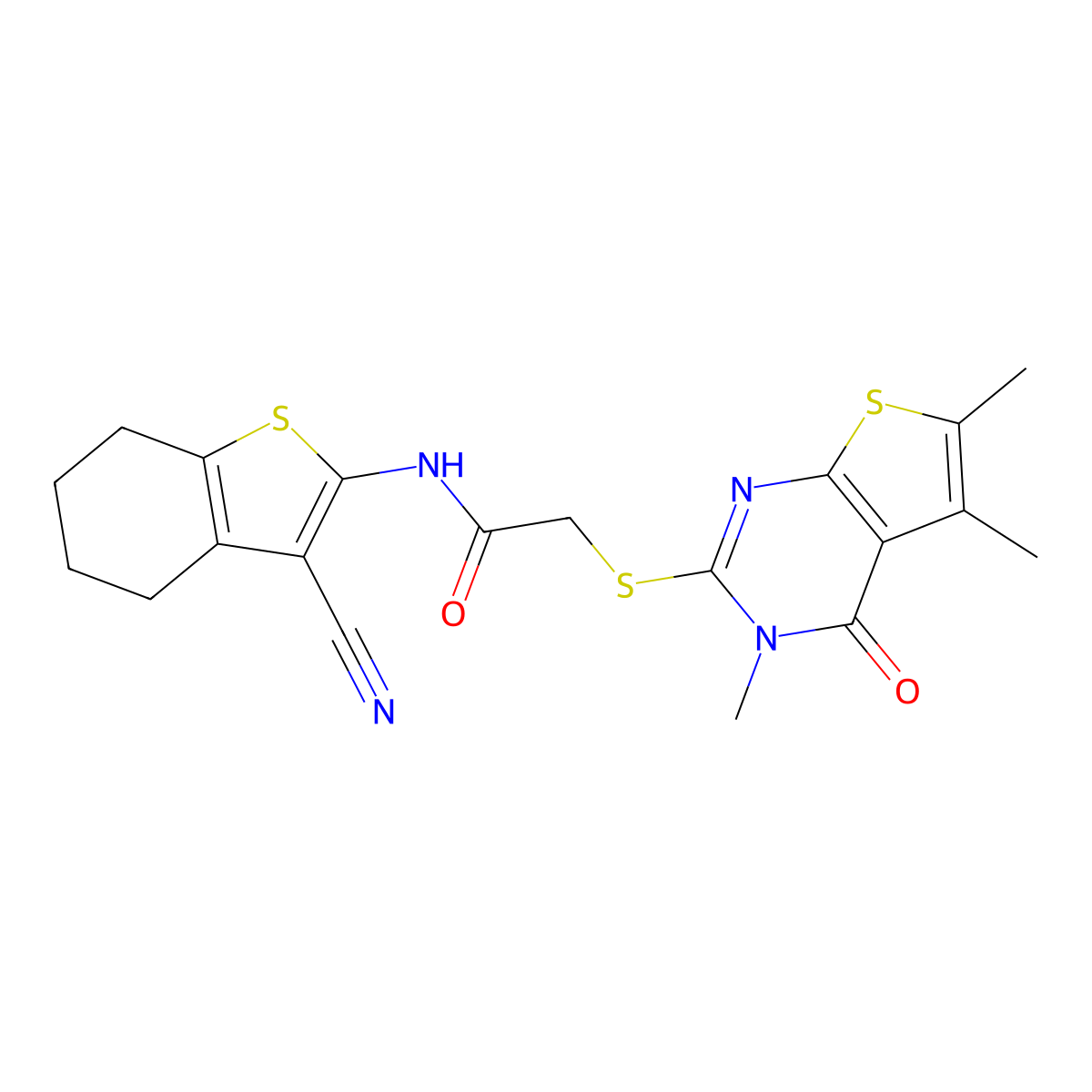 N-(3-cyano-4,5,6,7-tetrahydro-1-benzothiophen-2-yl)-2-(3,5,6-trimethyl-4-oxothieno[2,3-d]pyrimidin-2-yl)sulfanylacetamide molecular structure, CAS 488842-29-1