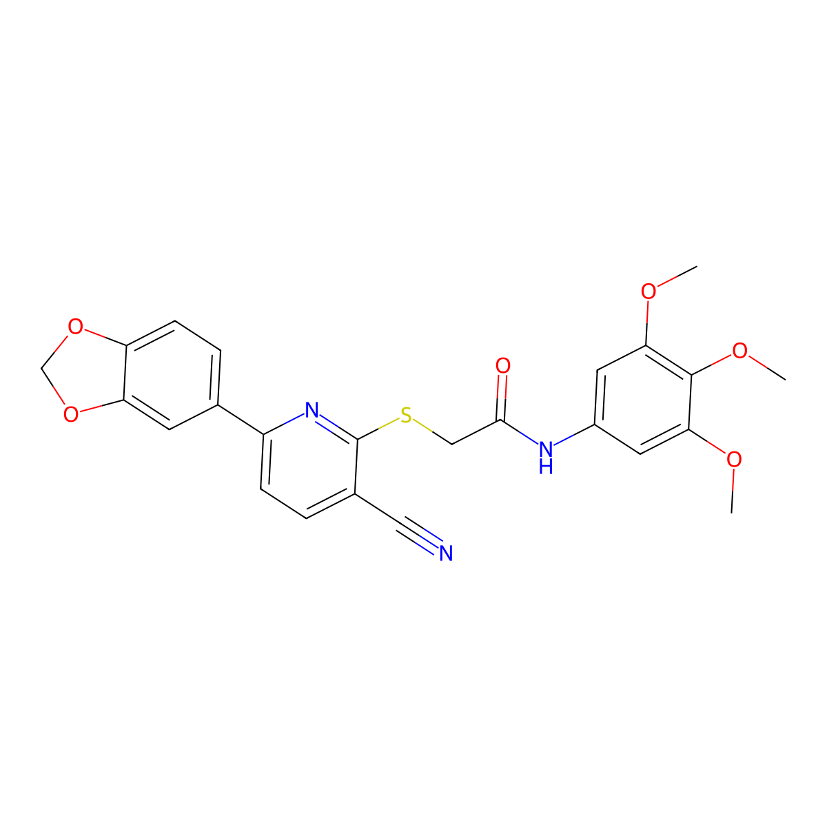 2-[6-(1,3-benzodioxol-5-yl)-3-cyanopyridin-2-yl]sulfanyl-N-(3,4,5-trimethoxyphenyl)acetamide molecular structure, CAS 488843-19-2