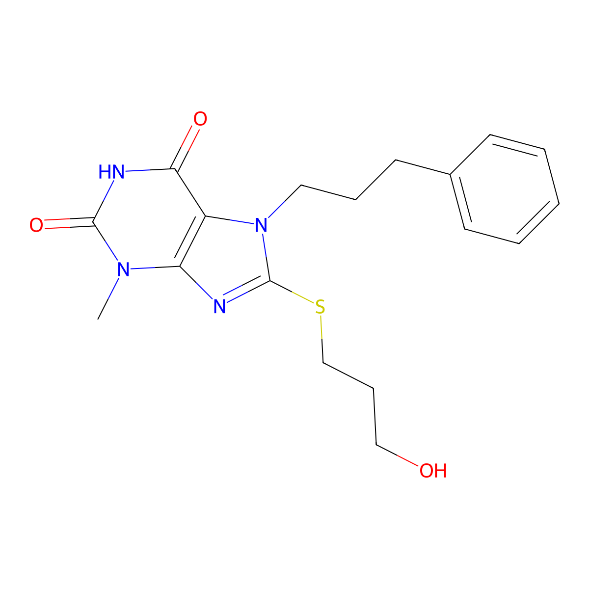 8-((3-hydroxypropyl)thio)-3-methyl-7-(3-phenylpropyl)-1H-purine-2,6(3H,7H)-dione molecular structure, CAS 488843-25-0