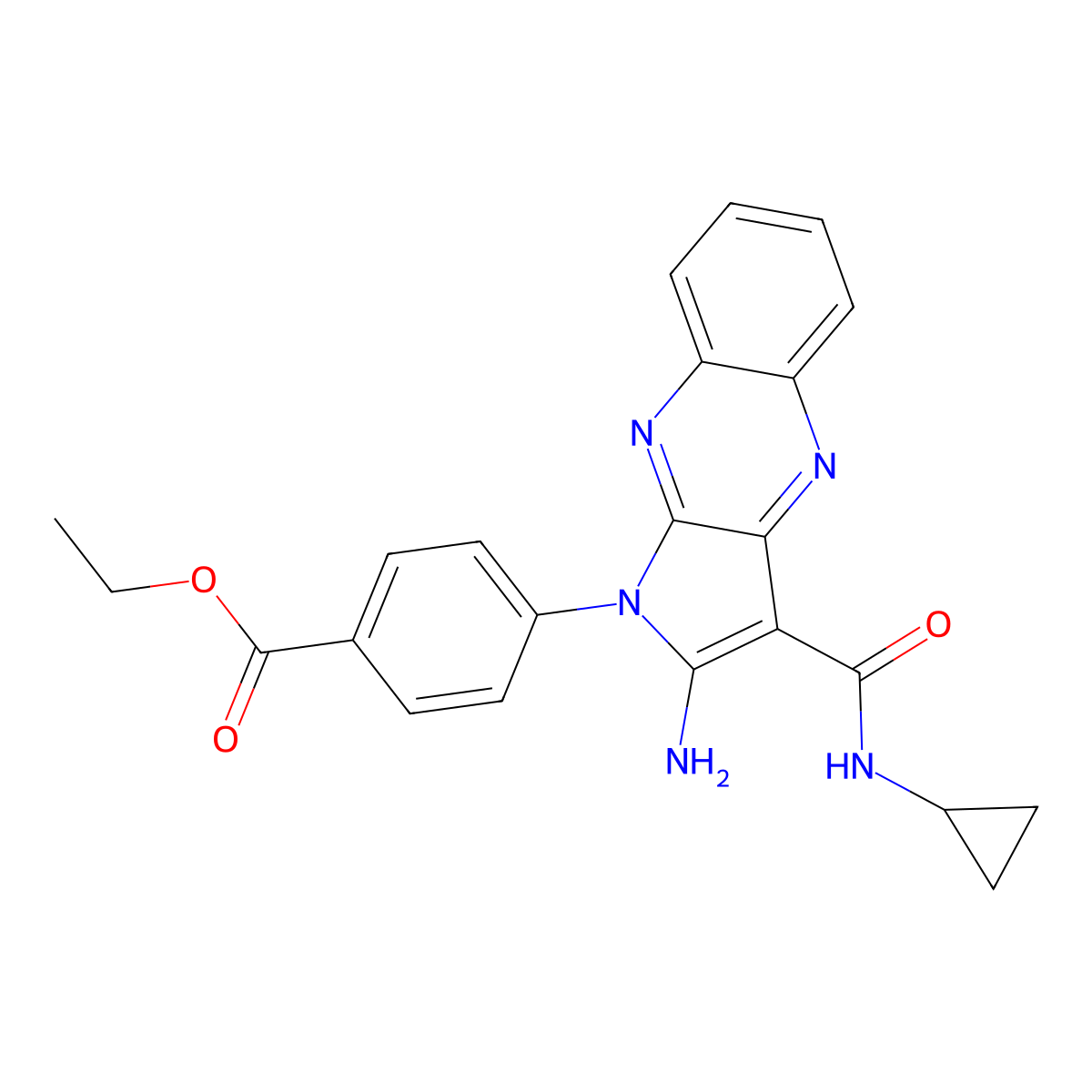 ethyl 4-[2-amino-3-(cyclopropylcarbamoyl)-1H-pyrrolo[2,3-b]quinoxalin-1-yl]benzoate molecular structure, CAS 488851-10-1