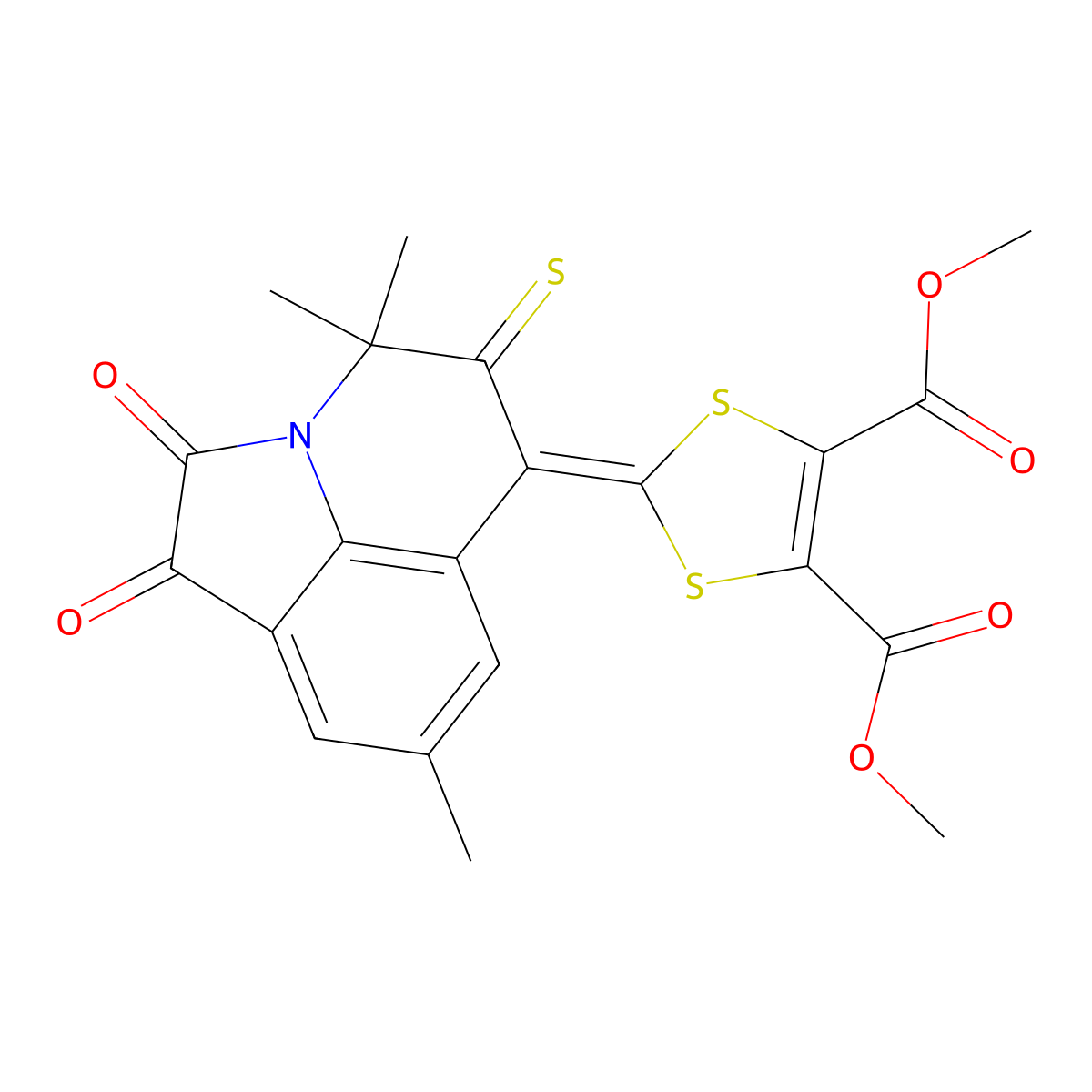 dimethyl 2-(4,4,8-trimethyl-1,2-dioxo-5-thioxo-1,2,4,5-tetrahydro-6H-pyrrolo[3,2,1-ij]quinolin-6-ylidene)-1,3-dithiole-4,5-dicarboxylate molecular structure, CAS 488852-56-8