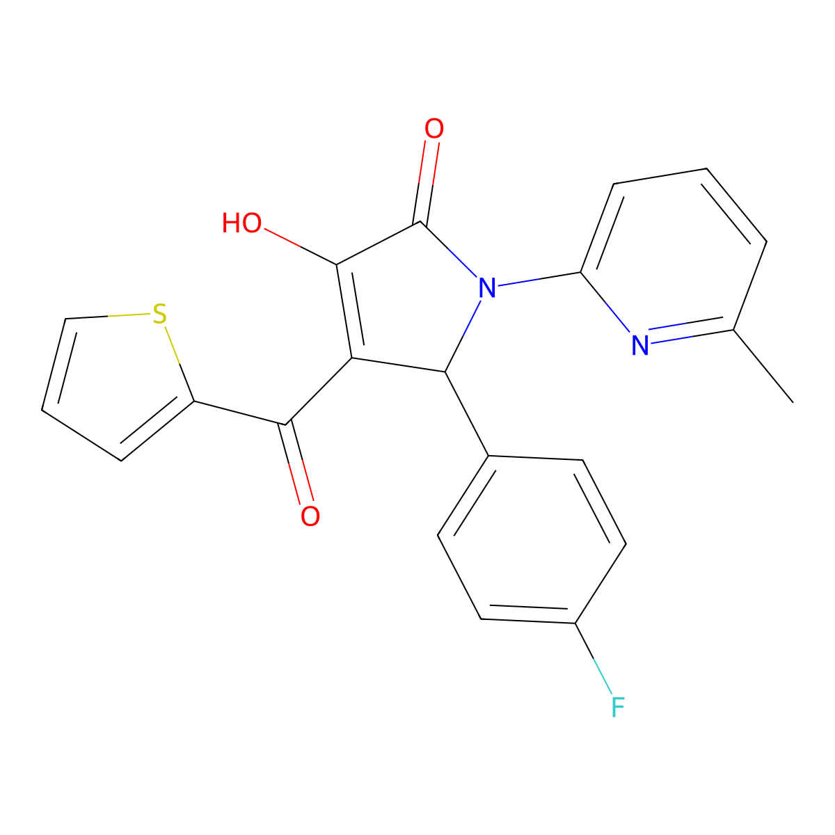 (E)-[2-(4-fluorophenyl)-1-(6-methylpyridinium-2-yl)-4,5-dioxopyrrolidin-3-ylidene](thiophen-2-yl)methanolate molecular structure, CAS 488852-97-7