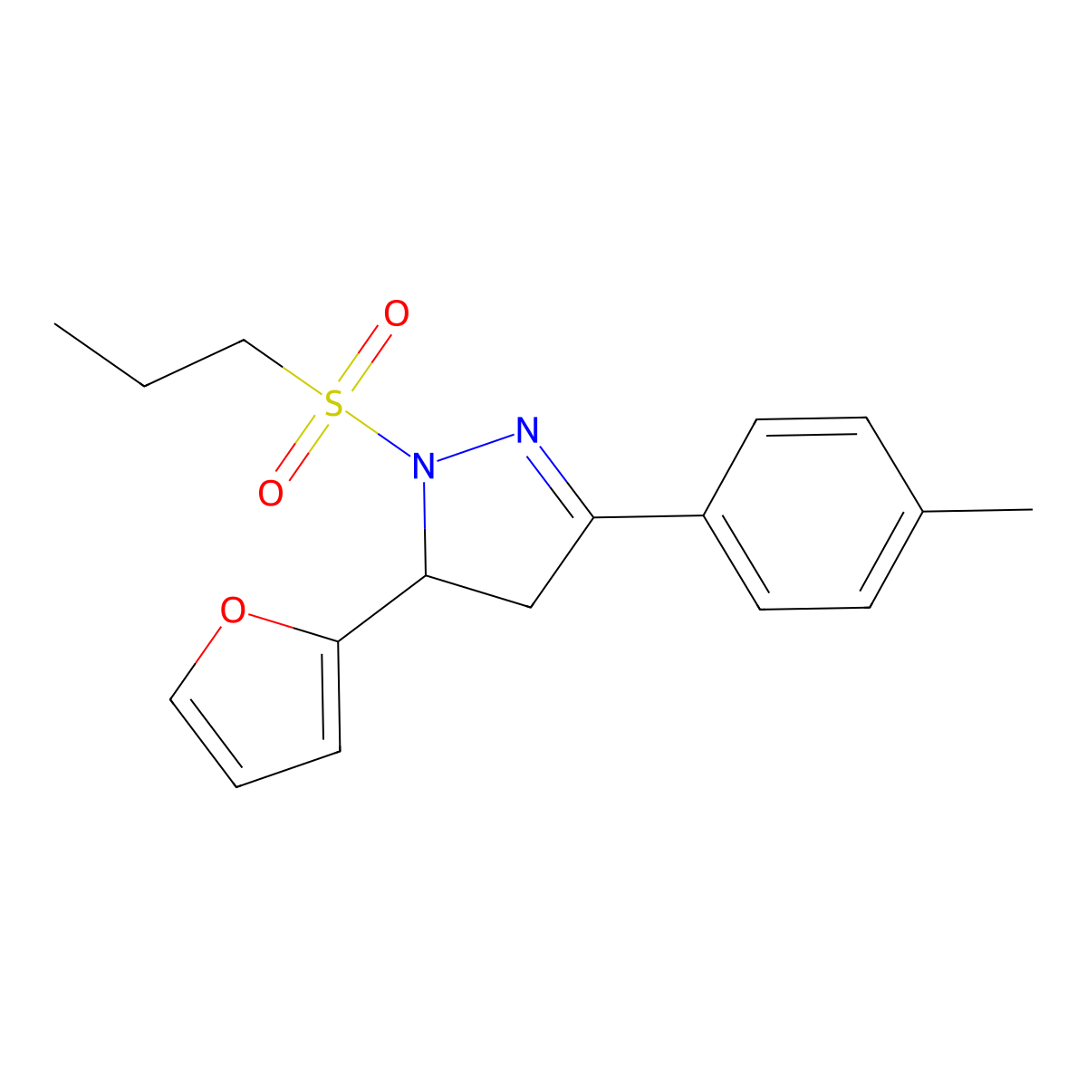 5-(2-furyl)-3-(4-methylphenyl)-1-(propylsulfonyl)-4,5-dihydro-1H-pyrazole molecular structure, CAS 488854-53-1