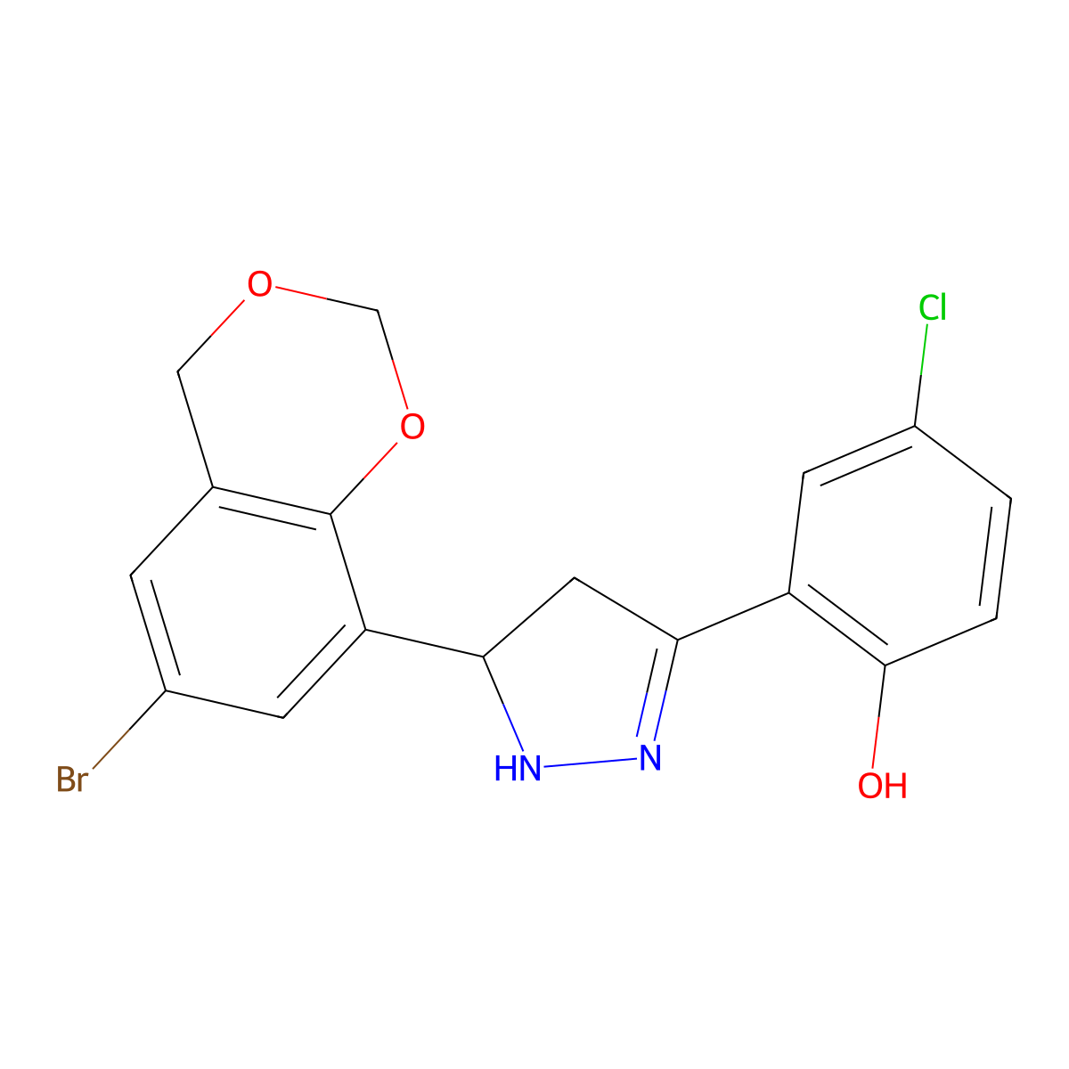 2-[5-(6-bromo-4H-1,3-benzodioxin-8-yl)-4,5-dihydro-1H-pyrazol-3-yl]-4-chlorophenol molecular structure, CAS 488855-01-2