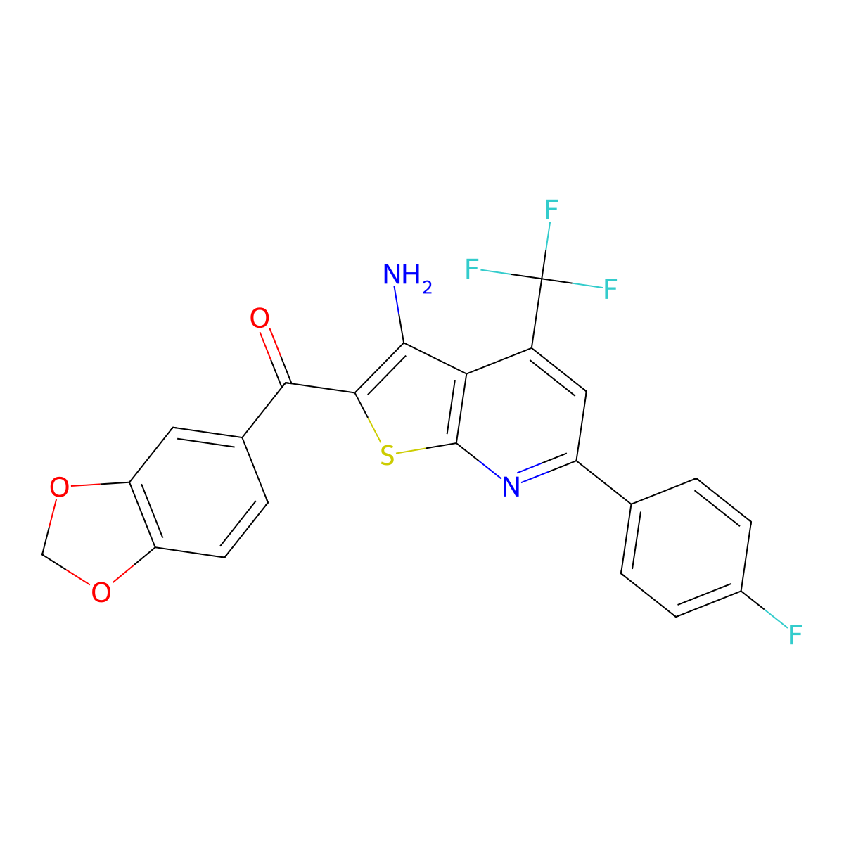 [3-Amino-6-(4-fluorophenyl)-4-(trifluoromethyl)thieno[2,3-b]pyridin-2-yl](1,3-benzodioxol-5-yl)methanone molecular structure, CAS 488860-12-4