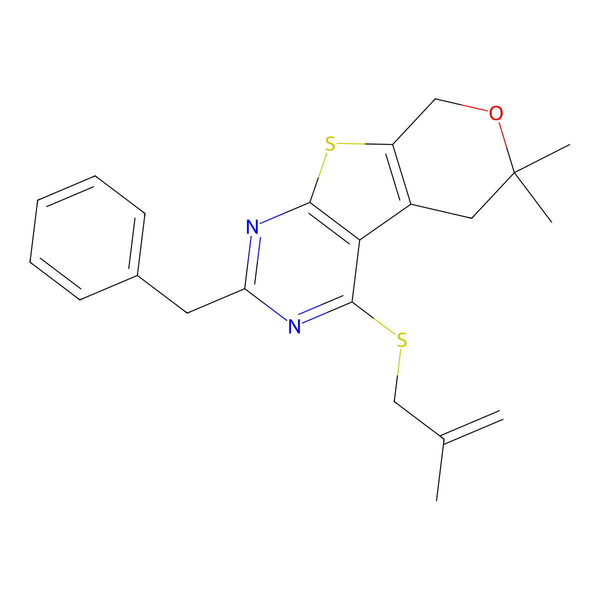 2-Benzyl-6,6-dimethyl-4-(2-methylprop-2-enylsulfanyl)-5,8-dihydropyrano[2,3]thieno[2,4-d]pyrimidine molecular structure, CAS 488860-57-7