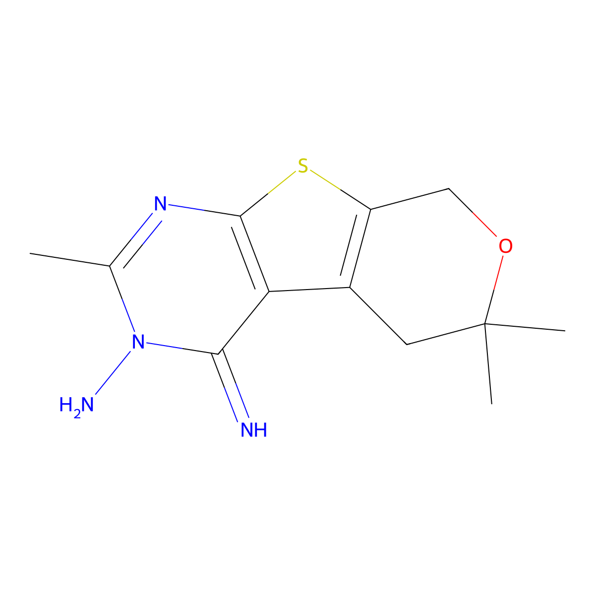 4-imino-2,6,6-trimethyl-5,8-dihydro-4H-pyrano[4',3':4,5]thieno[2,3-d]pyrimidin-3(6H)-amine molecular structure, CAS 488861-50-3