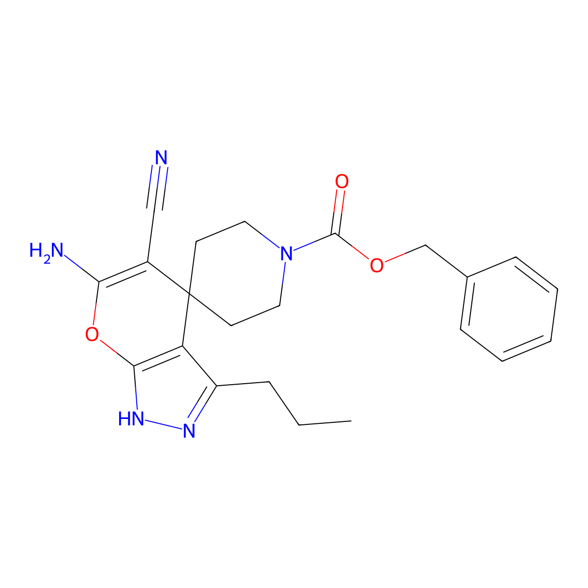 benzyl 6'-amino-5'-cyano-3'-propyl-2'H-spiro[piperidine-4,4'-pyrano[2,3-c]pyrazole]-1-carboxylate molecular structure, CAS 488861-57-0