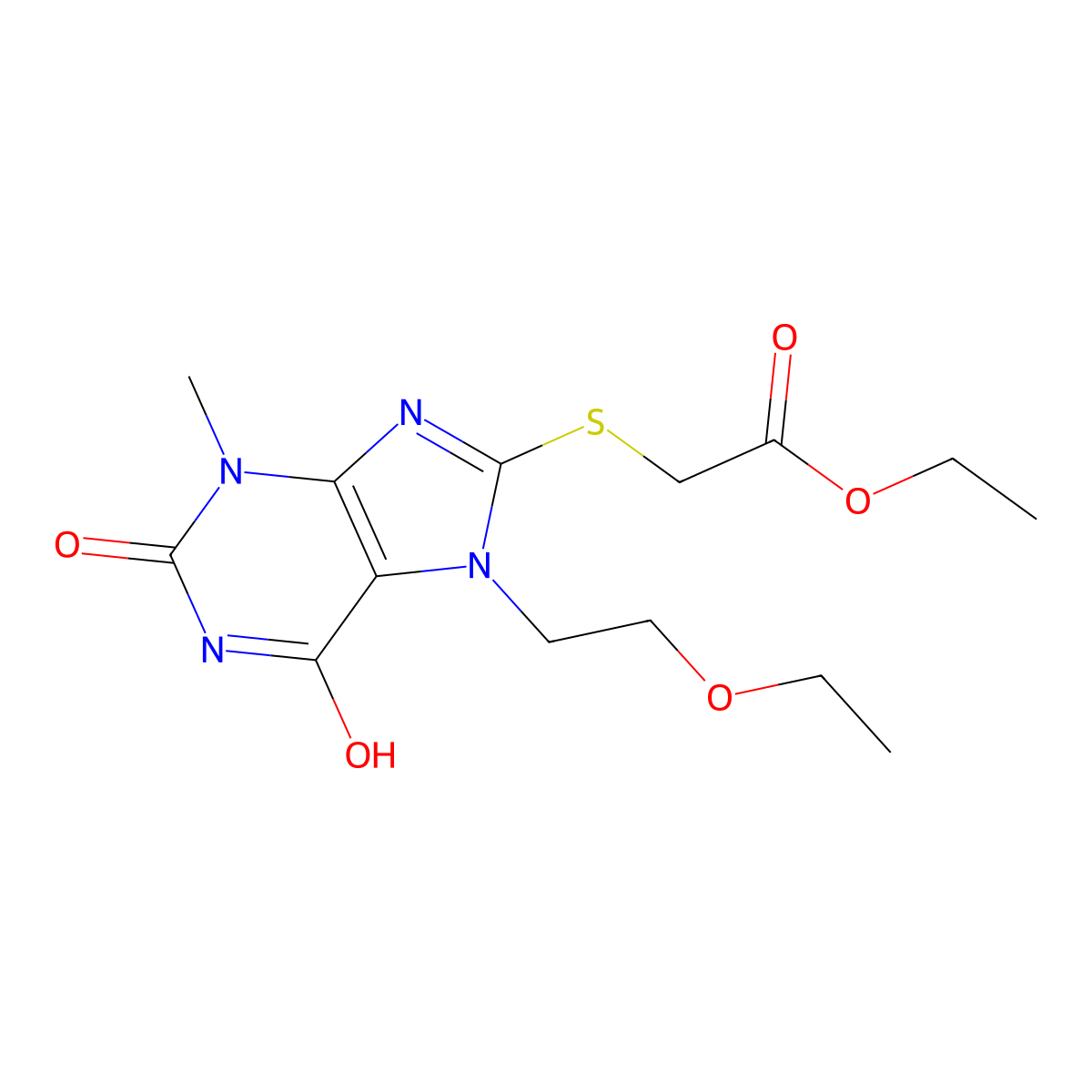 Ethyl 2-[7-(2-ethoxyethyl)-3-methyl-2,6-dioxopurin-8-yl]sulfanylacetate molecular structure, CAS 489396-30-7