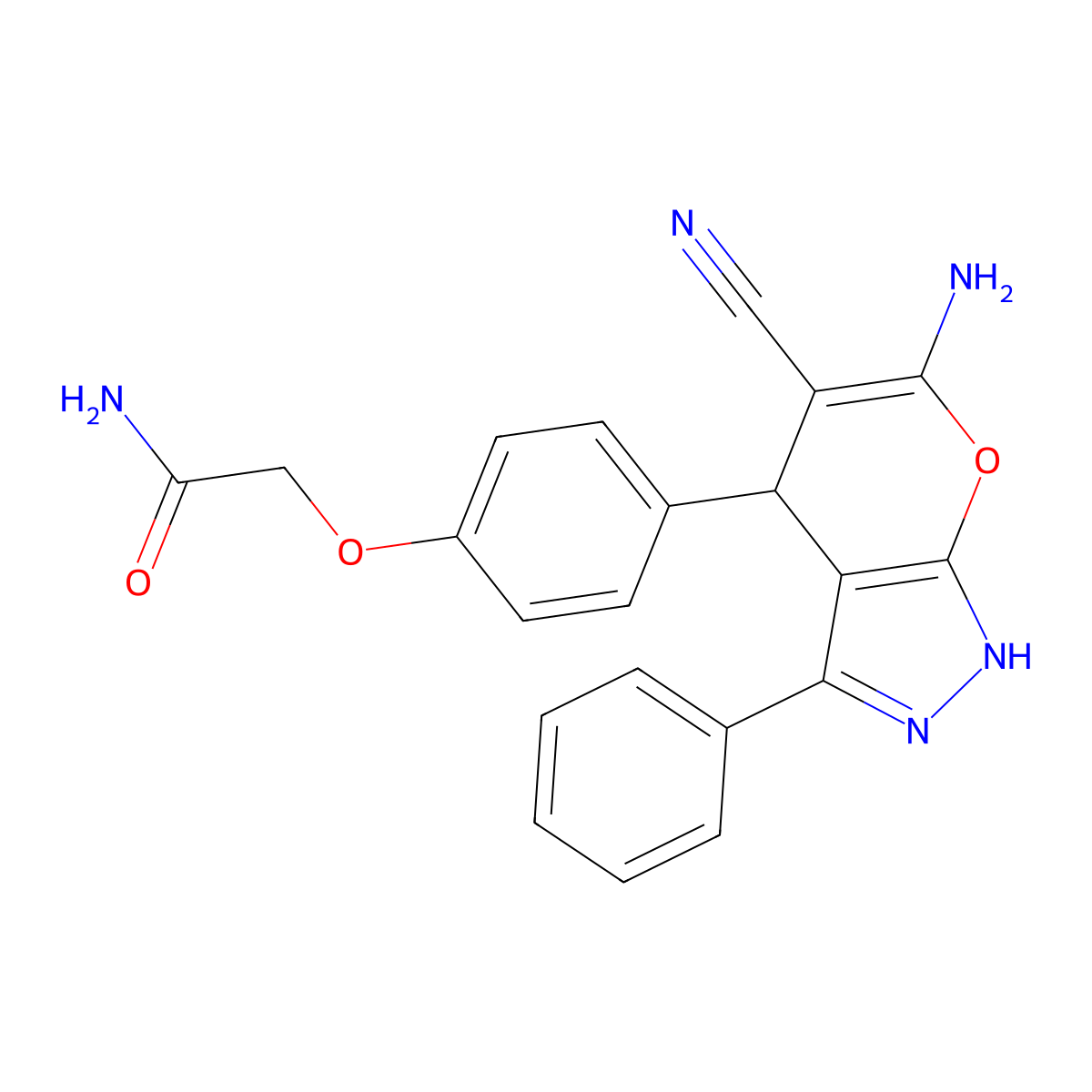 2-[4-(6-Amino-5-cyano-3-phenyl-2,4-dihydropyrano[2,3-c]pyrazol-4-yl)phenoxy]acetamide molecular structure, CAS 489397-38-8