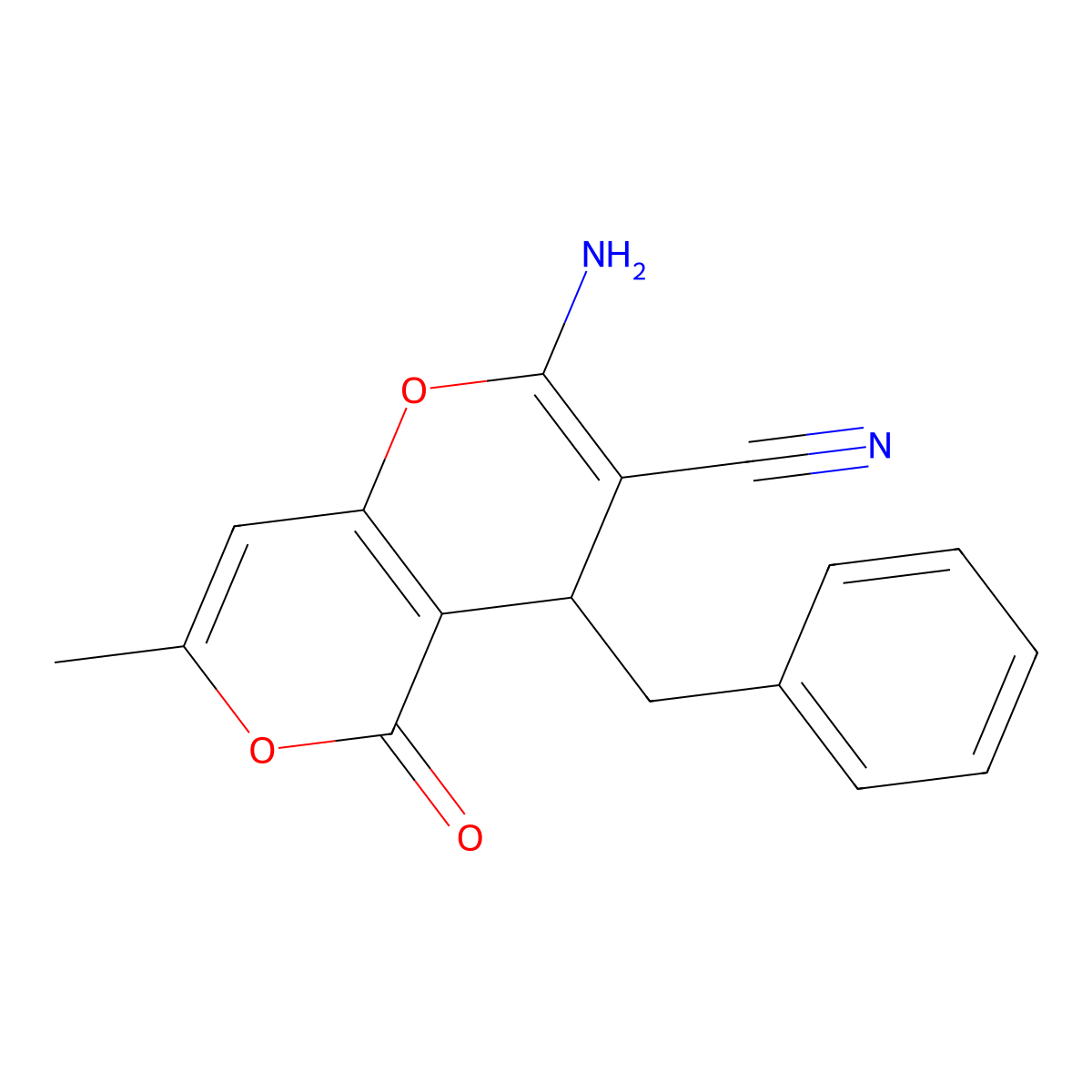 2-amino-4-benzyl-7-methyl-5-oxo-4H,5H-pyrano[4,3-b]pyran-3-carbonitrile molecular structure, CAS 489397-49-1