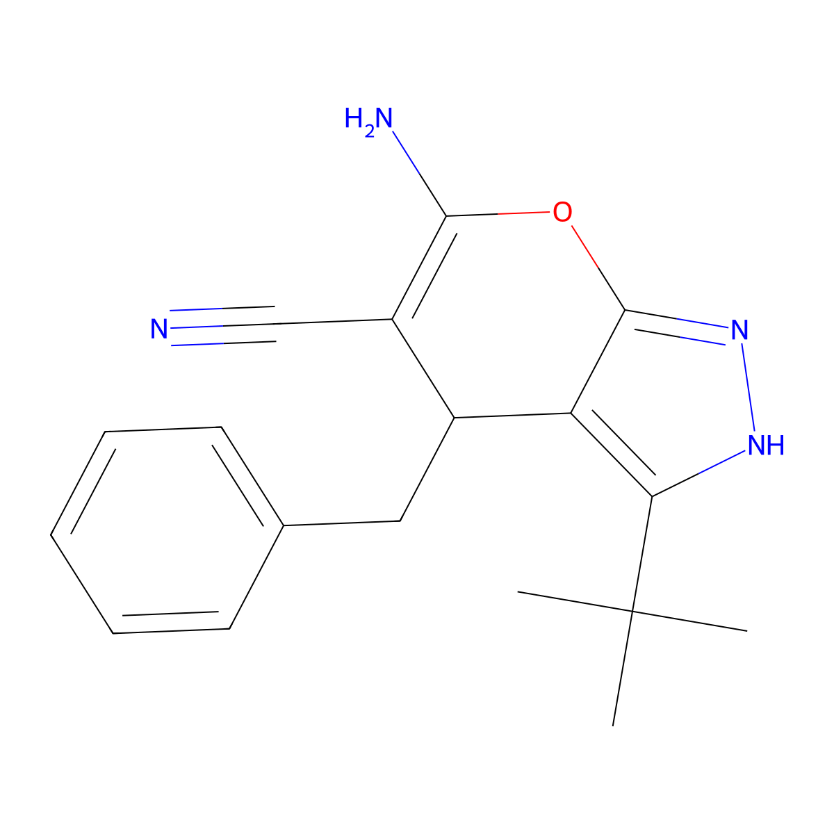 6-Amino-4-benzyl-3-tert-butyl-2,4-dihydropyrano[2,3-c]pyrazole-5-carbonitrile molecular structure, CAS 489398-69-8