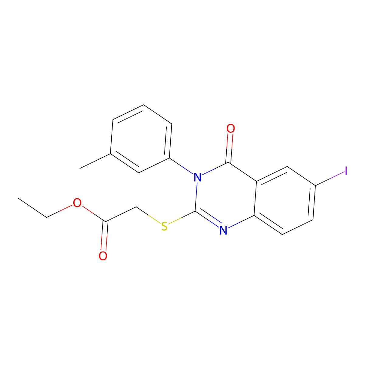 Ethyl 2-[6-iodo-3-(3-methylphenyl)-4-oxoquinazolin-2-yl]sulfanylacetate molecular structure, CAS 489399-00-0