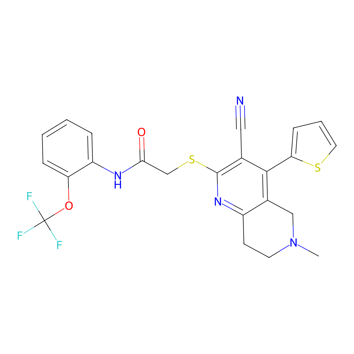 2-[(3-cyano-6-methyl-4-thiophen-2-yl-7,8-dihydro-5H-1,6-naphthyridin-2-yl)sulfanyl]-N-[2-(trifluoromethoxy)phenyl]acetamide molecular structure, CAS 489399-78-2