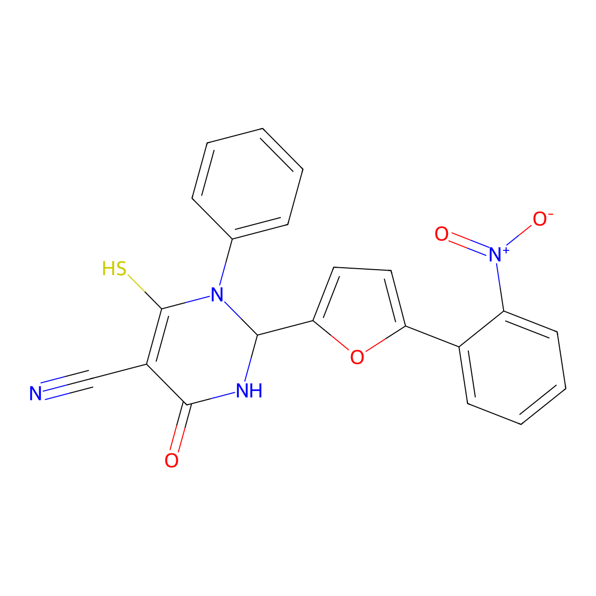 6-Mercapto-2-(5-(2-nitrophenyl)furan-2-yl)-4-oxo-1-phenyl-1,2,3,4-tetrahydropyrimidine-5-carbonitrile molecular structure, CAS 489400-08-0