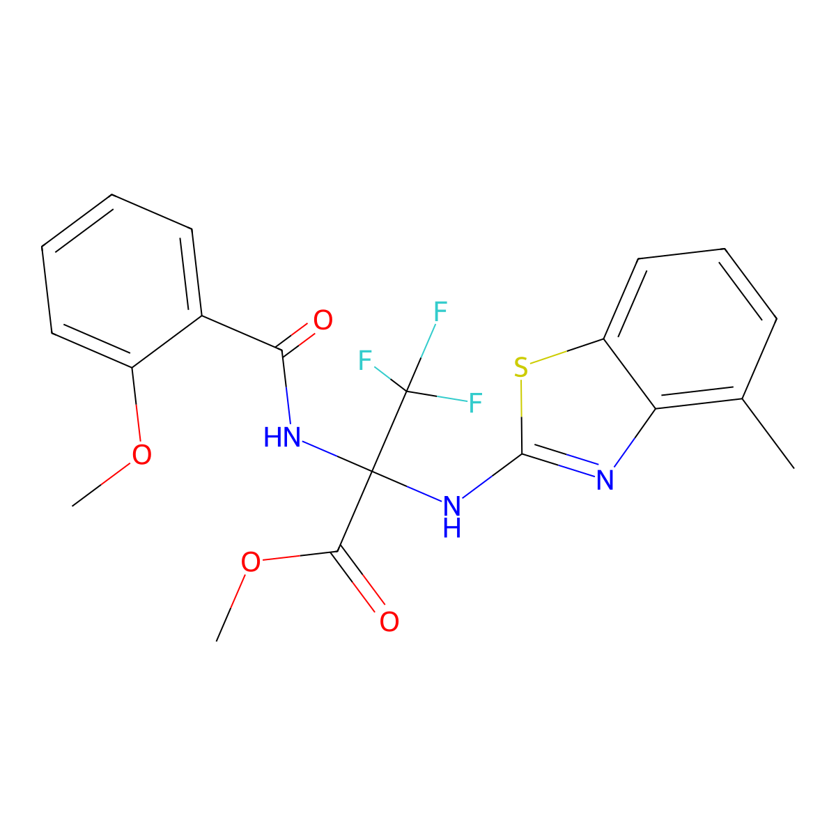 Methyl 3,3,3-trifluoro-2-[(2-methoxybenzoyl)amino]-2-[(4-methyl-1,3-benzothiazol-2-yl)amino]propanoate molecular structure, CAS 489400-22-8